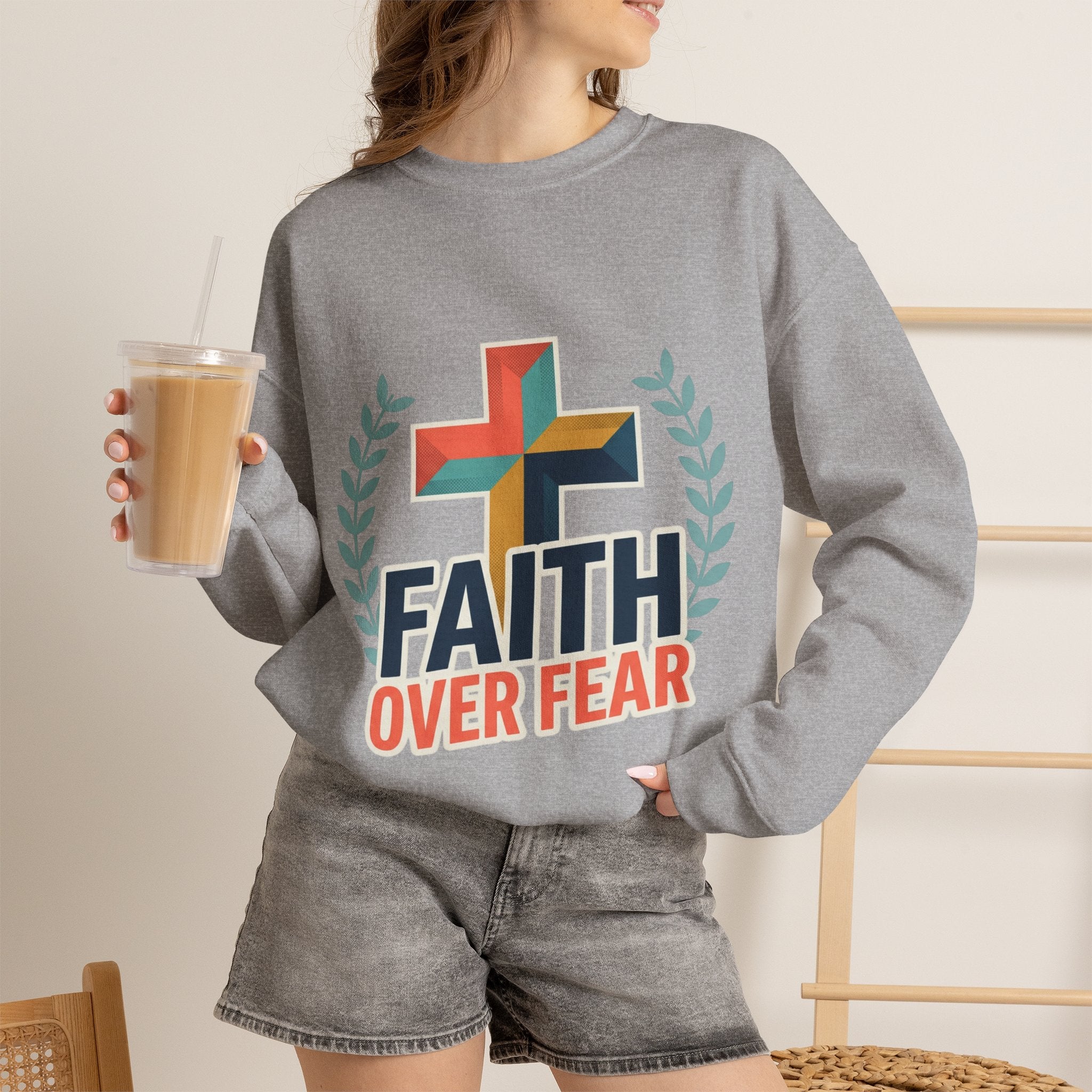Faith Over Fear Crewneck Sweatshirt — Christian Cross Inspirational Pullover