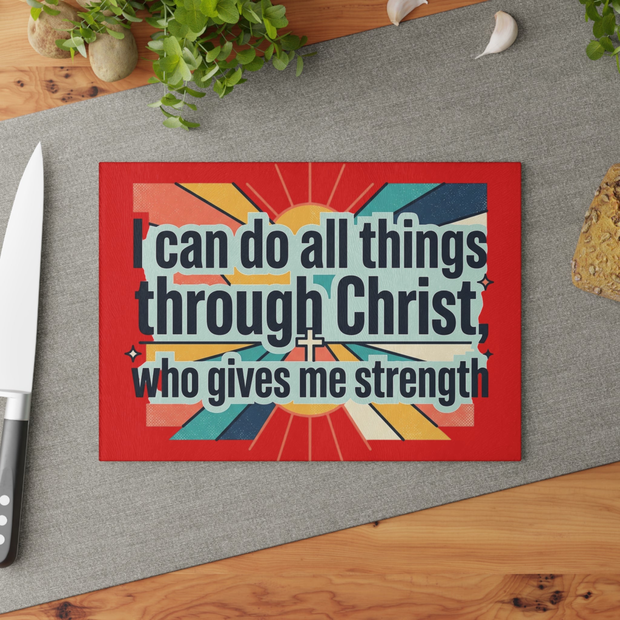 Christ who gives me strength red Glass Cutting Board | Religious Kitchen Décor