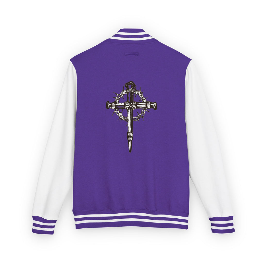 Gothic Cross Nail Emblem Letterman Jacket | Red White Varsity
