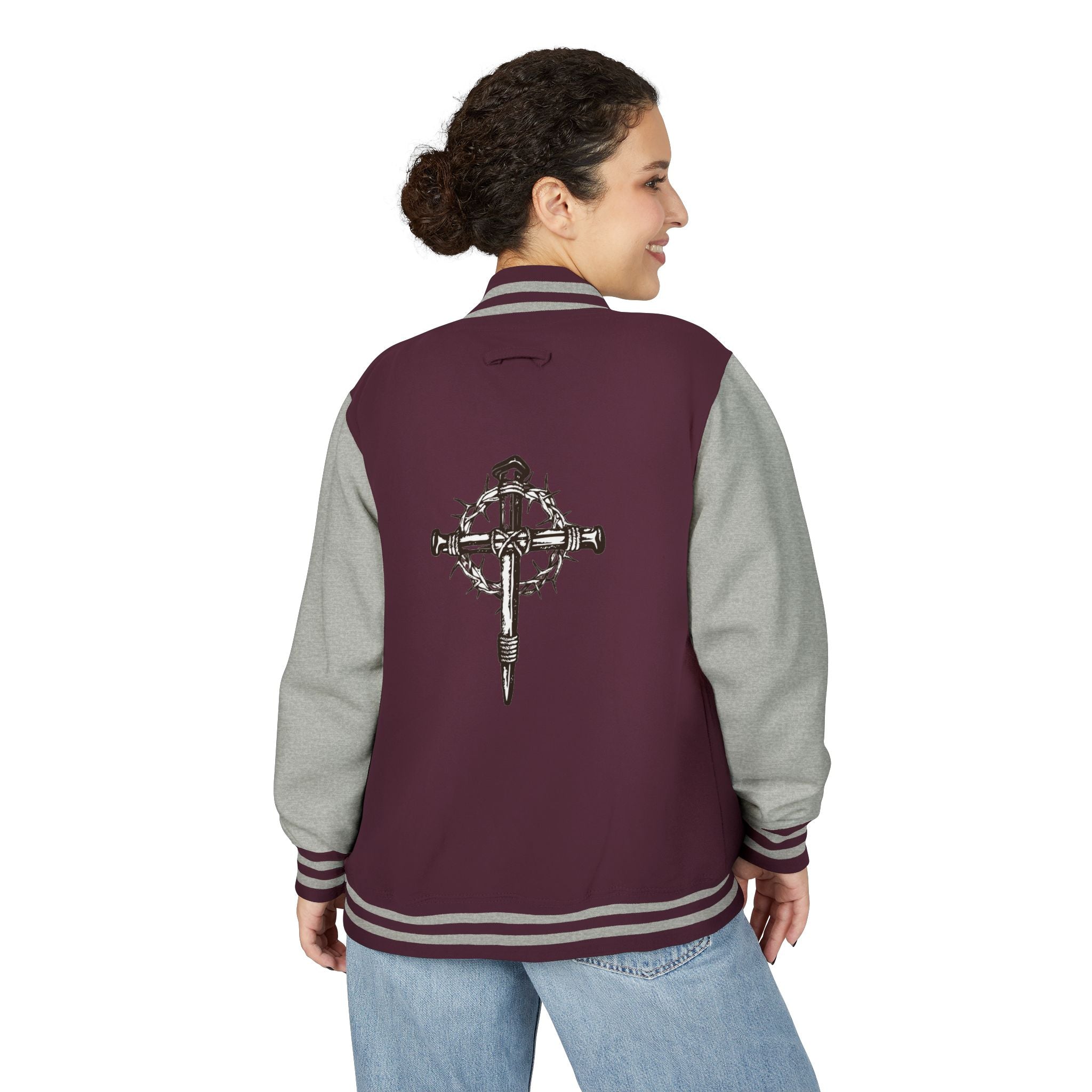 Gothic Cross Nail Emblem Letterman Jacket | Red White Varsity