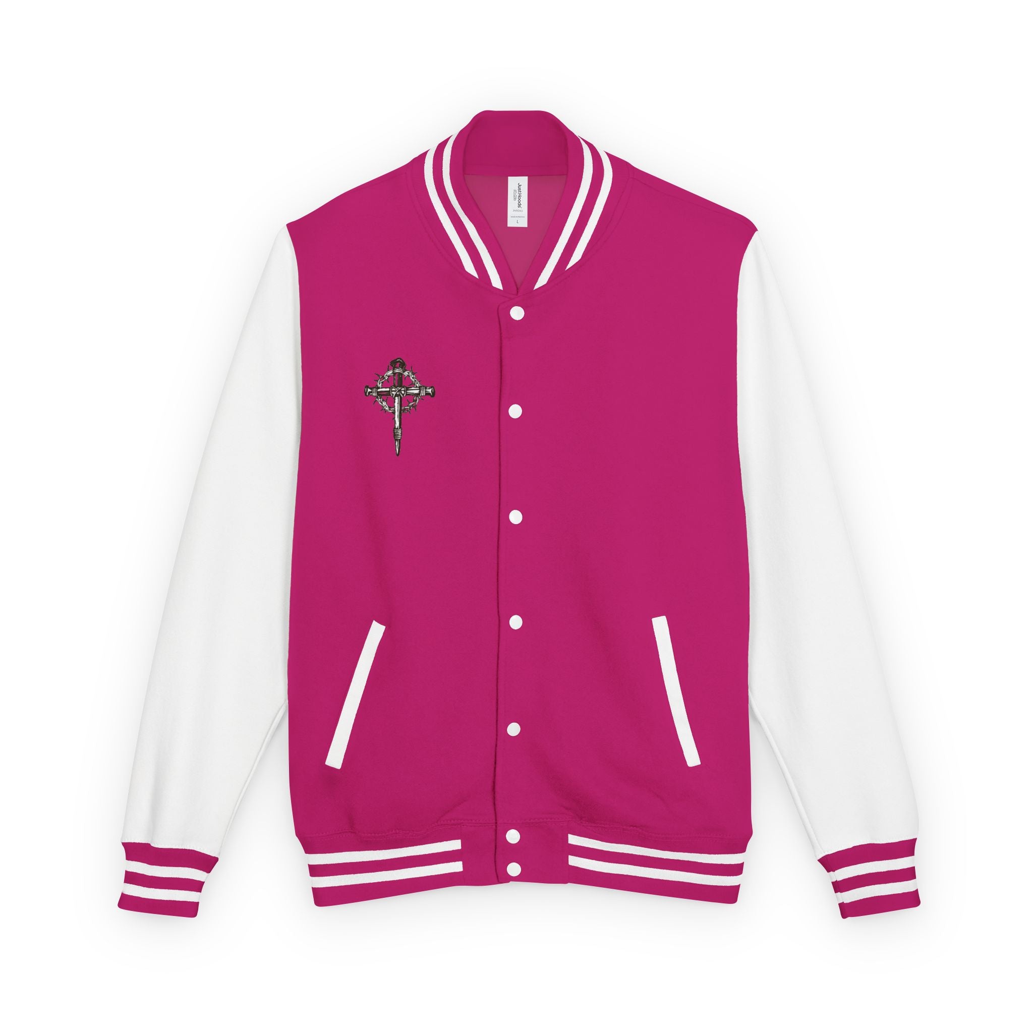 Gothic Cross Nail Emblem Letterman Jacket | Red White Varsity