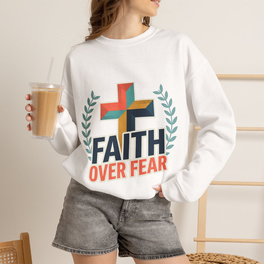 Faith Over Fear Crewneck Sweatshirt — Christian Cross Inspirational Pullover