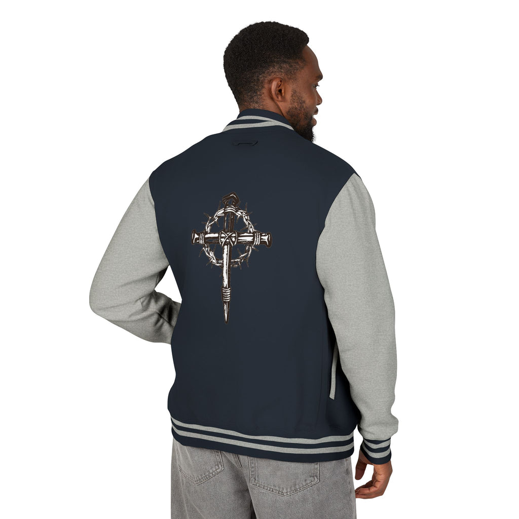 Gothic Cross Nail Emblem Letterman Jacket | Red White Varsity