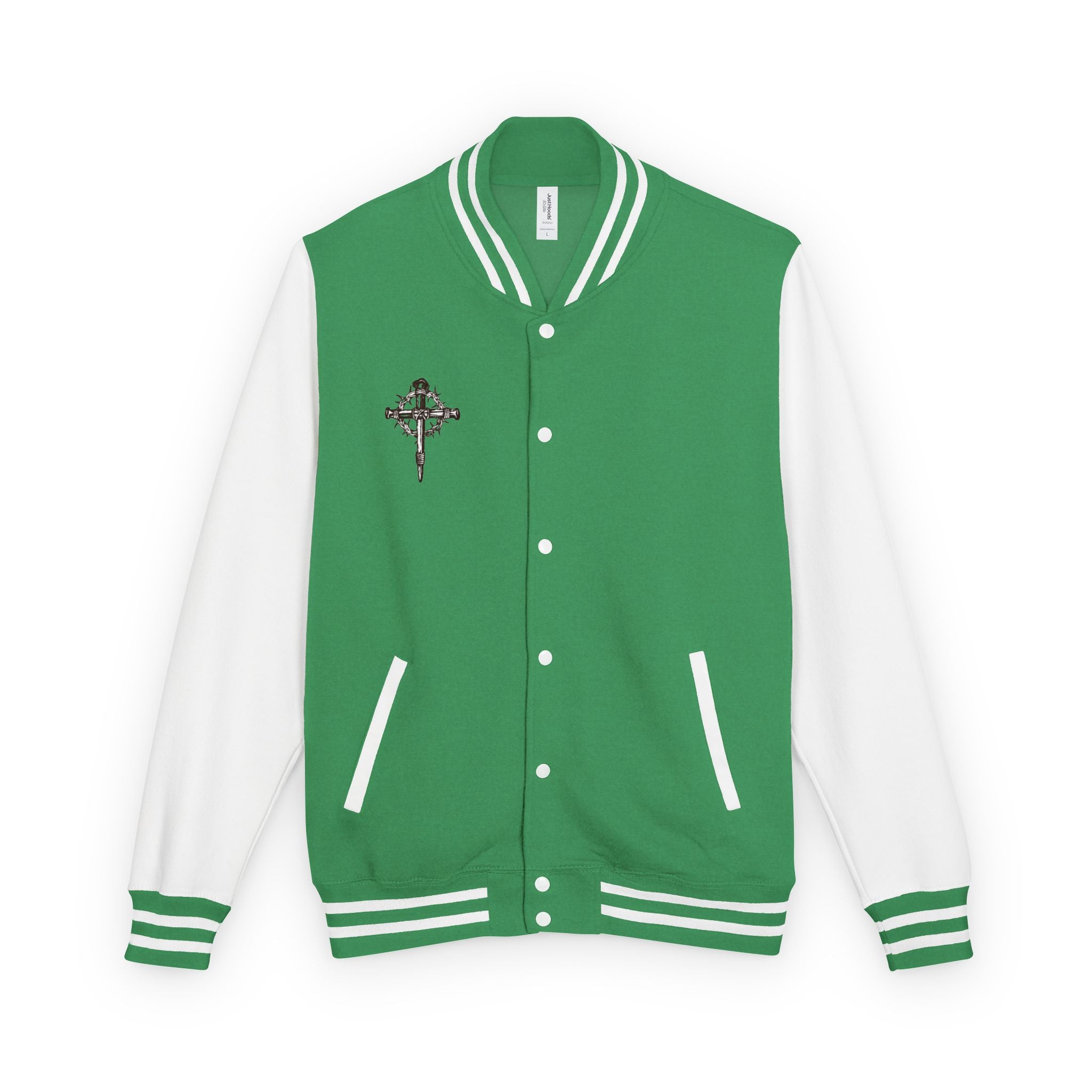 Gothic Cross Nail Emblem Letterman Jacket | Red White Varsity
