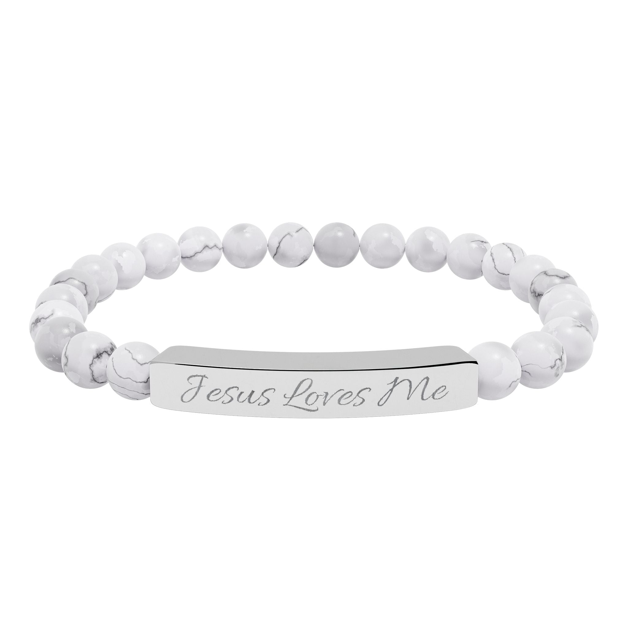 Jesus Loves Me Engraved Bar Natural Stone Bracelet | Stretch Beaded Bracelet