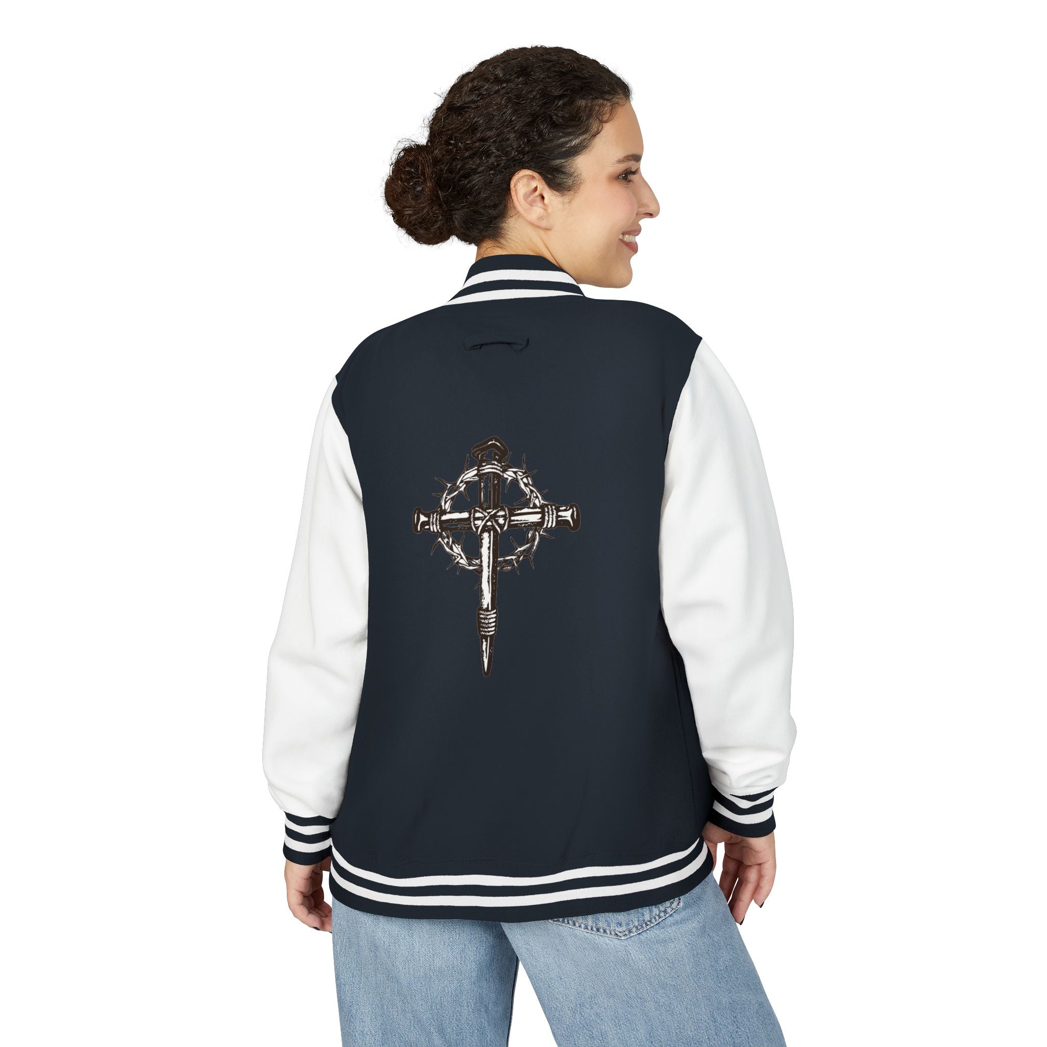 Gothic Cross Nail Emblem Letterman Jacket | Red White Varsity