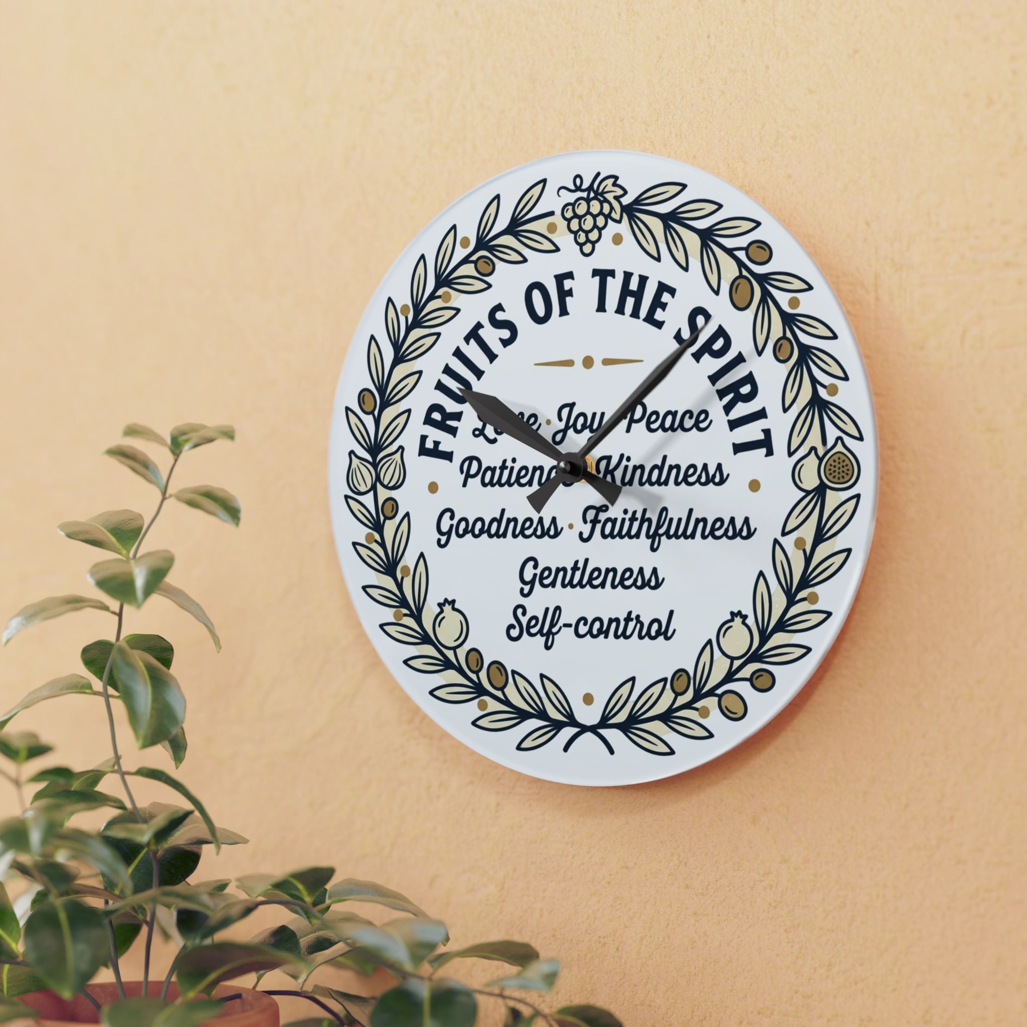 Fruits of the Spirit acrylic wall clock | Christian scripture typography, floral wreath