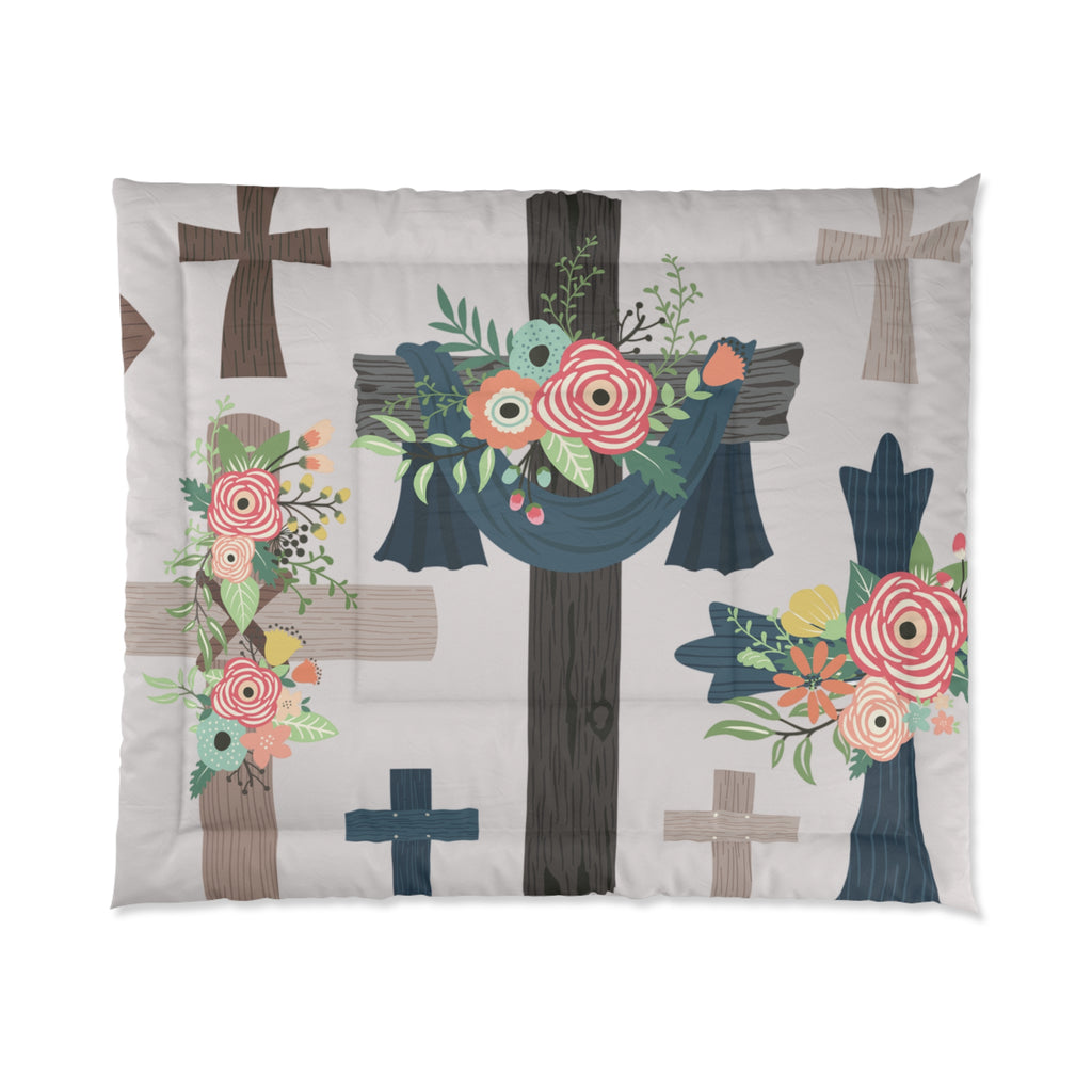 Floral Cross Comforter – Christian Bedroom Duvet with Pink Rose Wreaths