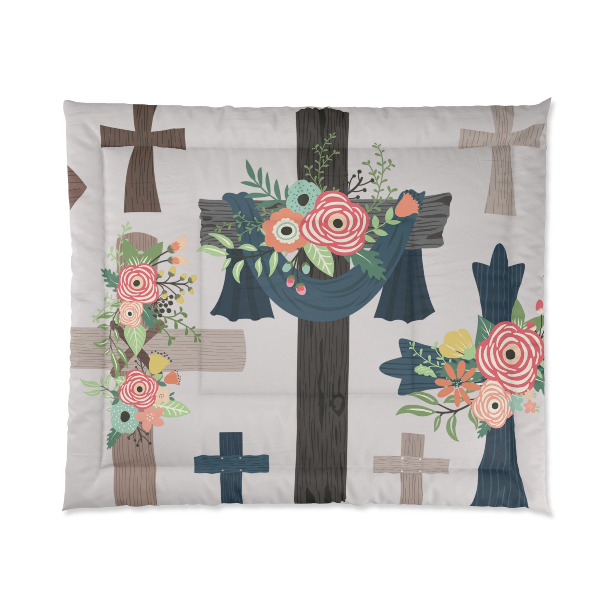 Floral Cross Comforter – Christian Bedroom Duvet with Pink Rose Wreaths