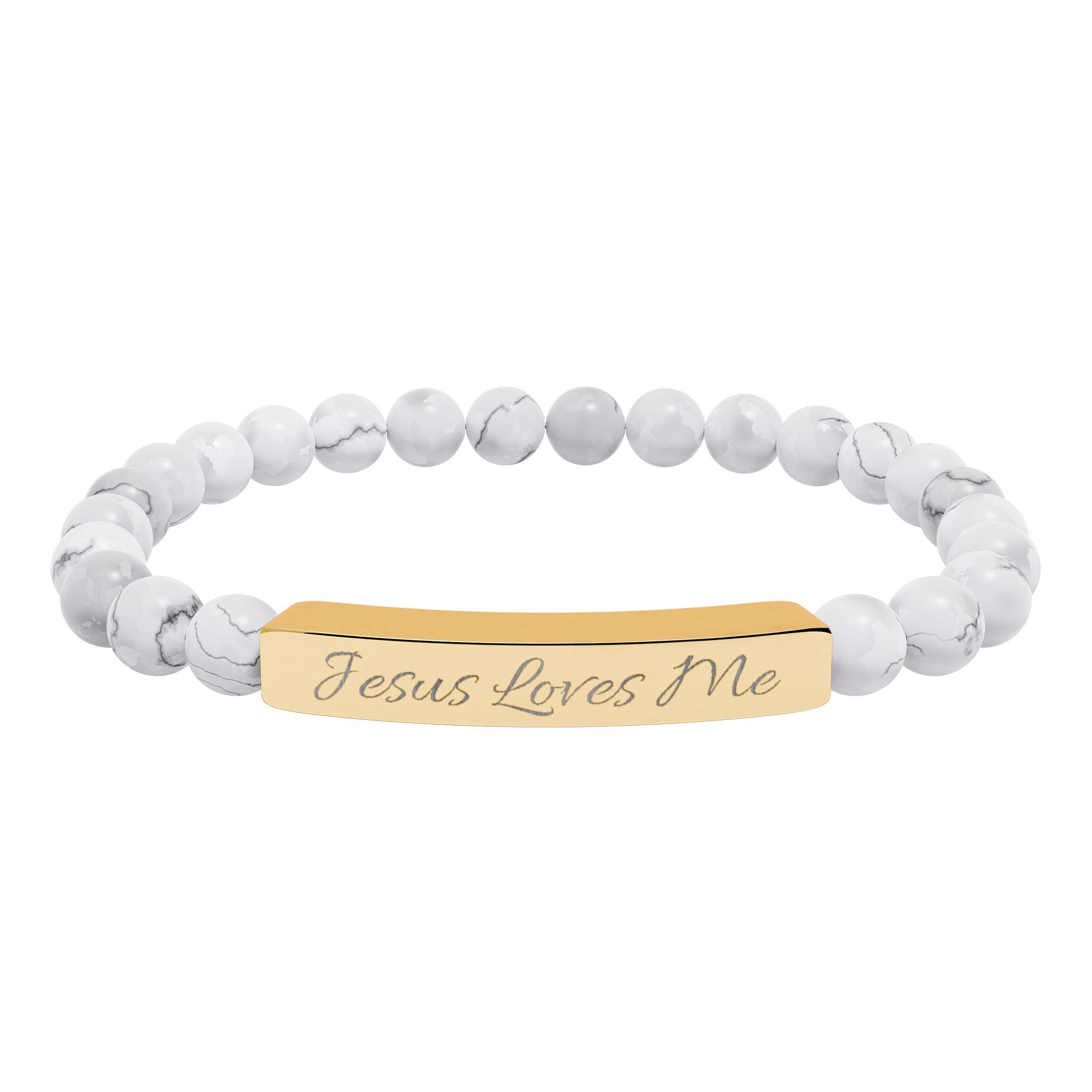 Jesus Loves Me Engraved Bar Natural Stone Bracelet | Stretch Beaded Bracelet