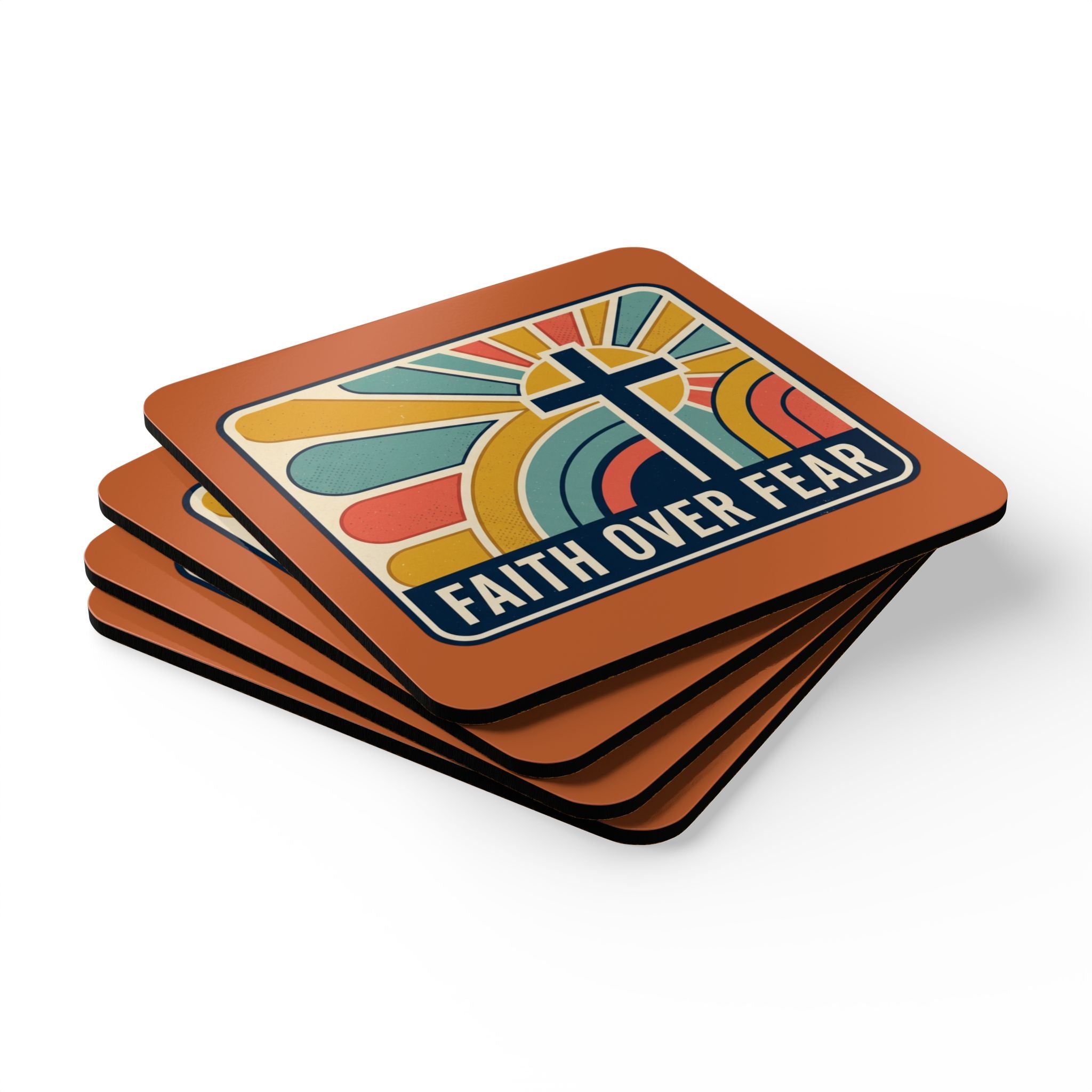 "Faith over Fear" Cork Coaster Set – 'Come as You Are' Retro Door & Heart Drink Coasters