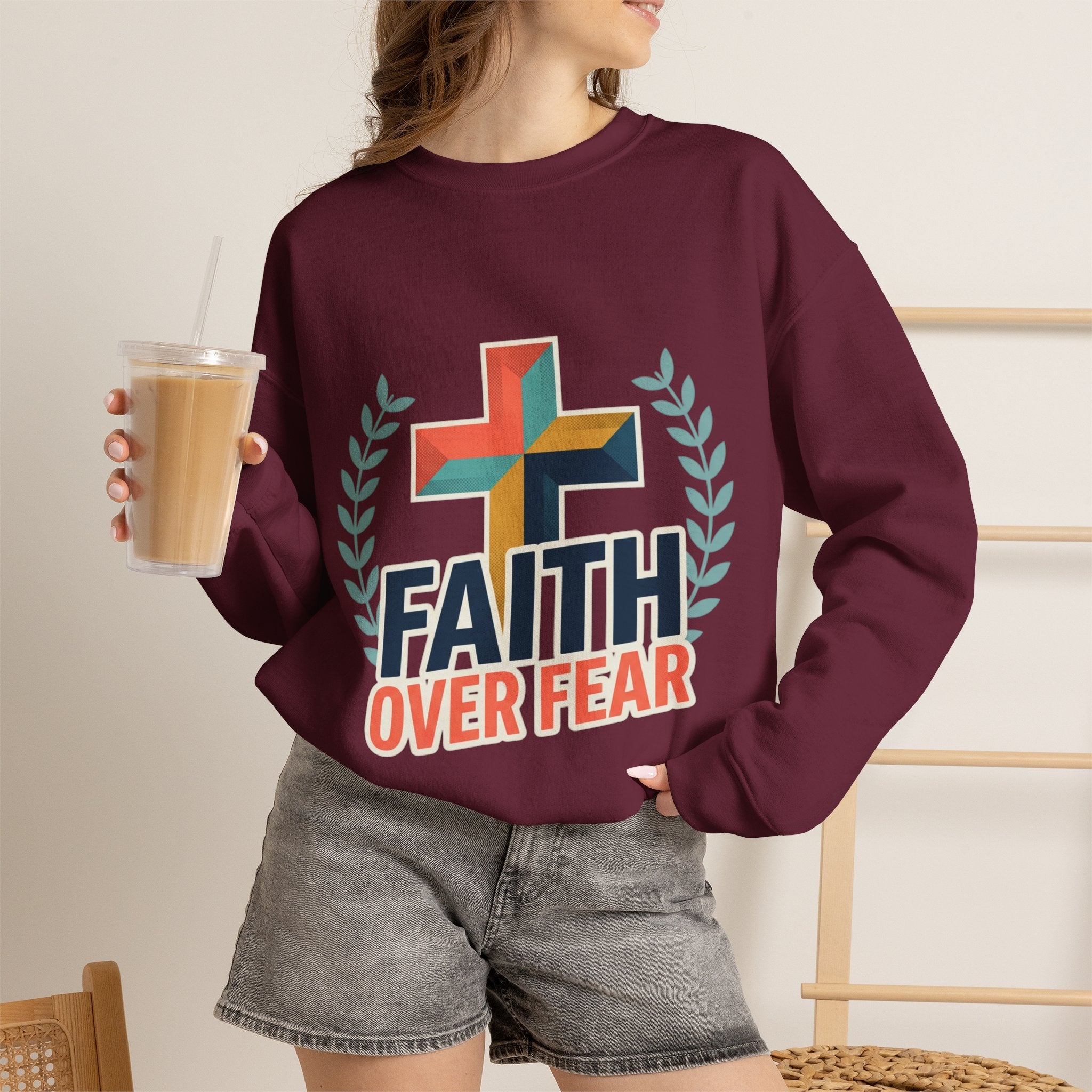 Faith Over Fear Crewneck Sweatshirt — Christian Cross Inspirational Pullover