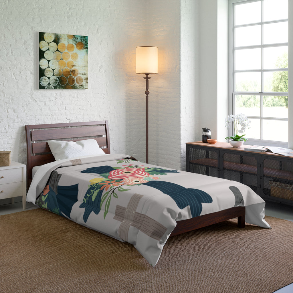 Floral Cross Comforter – Christian Bedroom Duvet with Pink Rose Wreaths