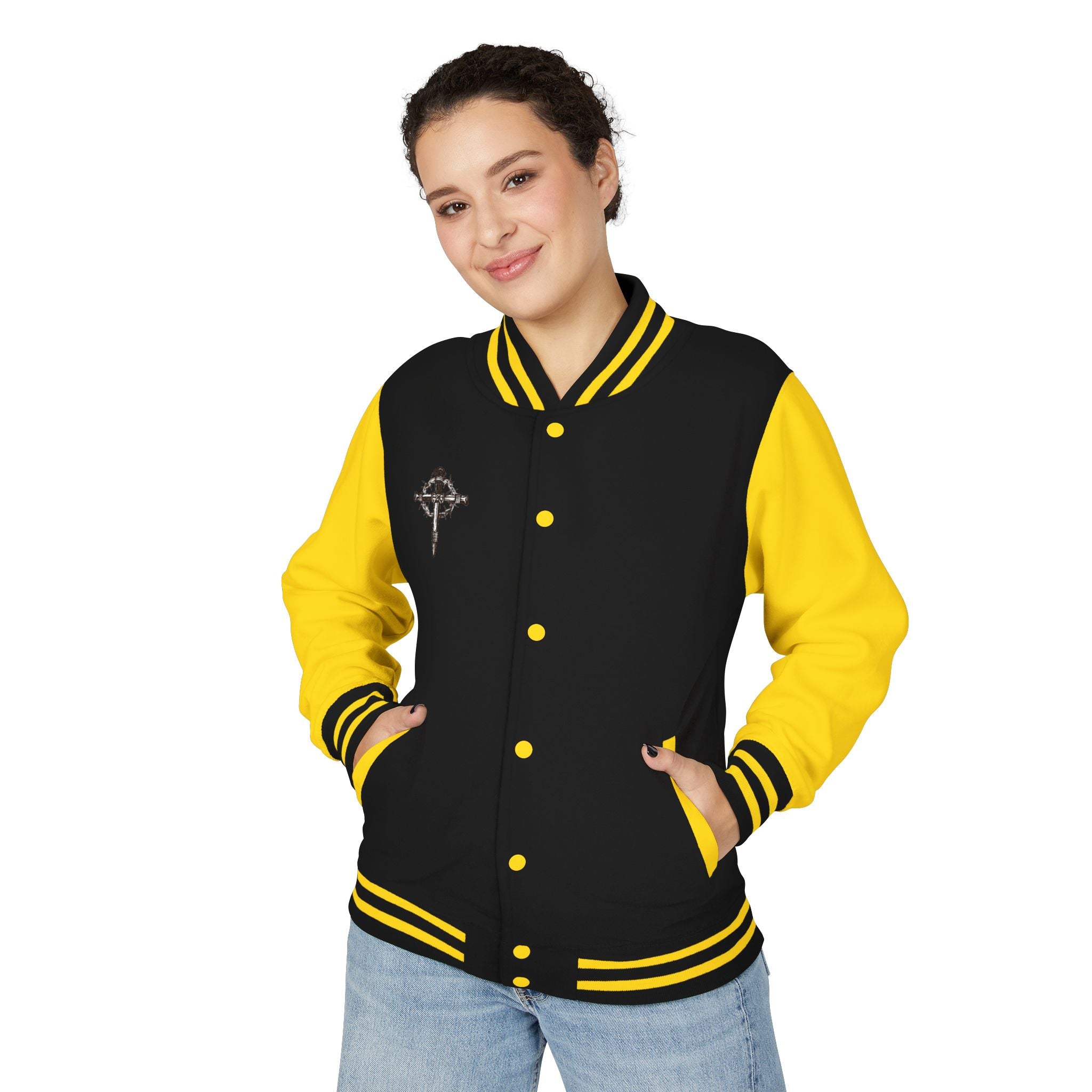 Gothic Cross Nail Emblem Letterman Jacket | Red White Varsity