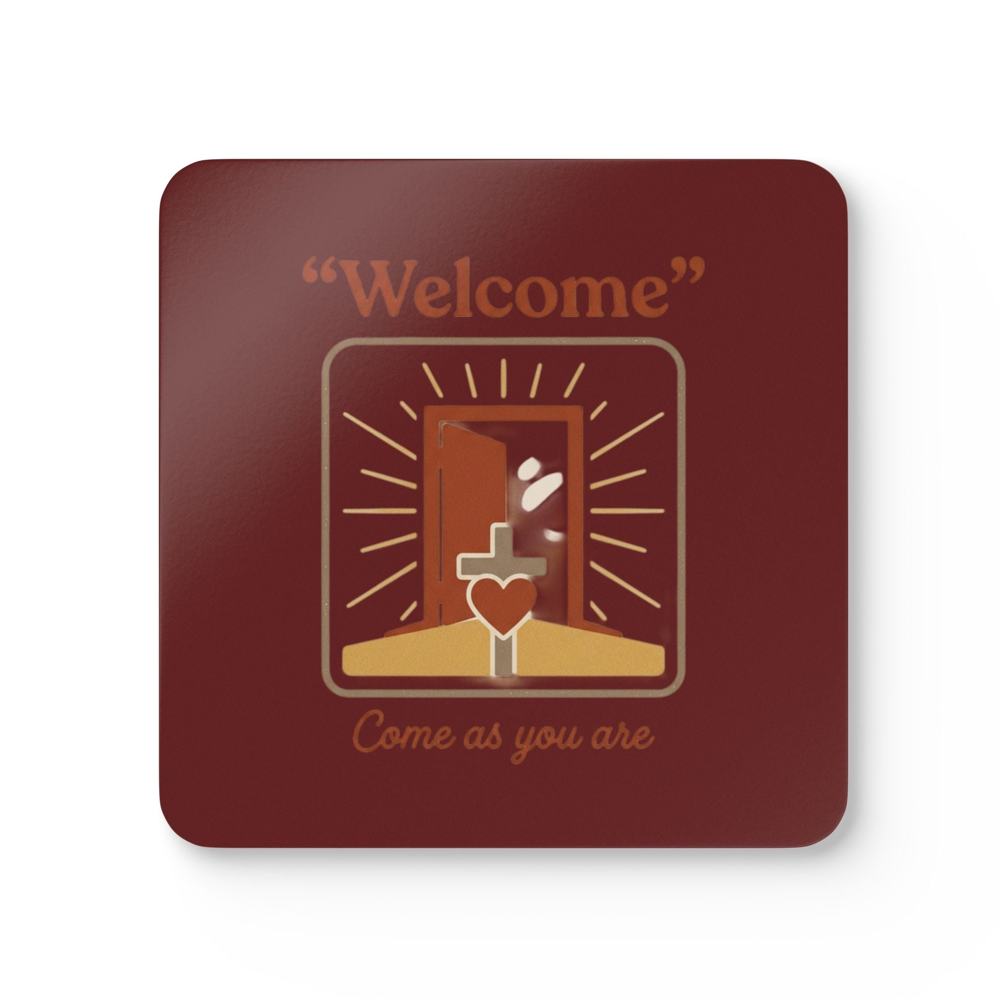 "Welcome" Cork Coaster Set – 'Come as You Are' Retro Door & Heart Drink Coasters
