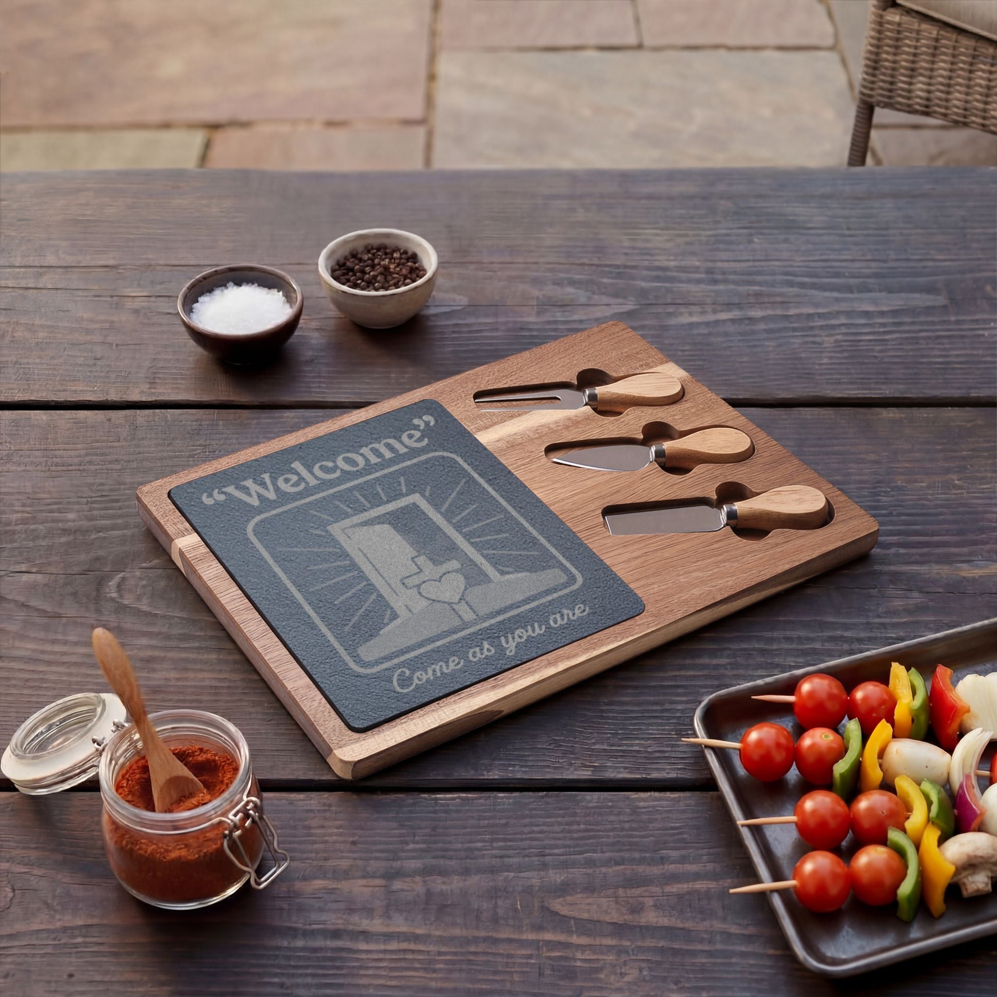 Welcome Charcuterie Board with Slate Insert & Cheese Knives