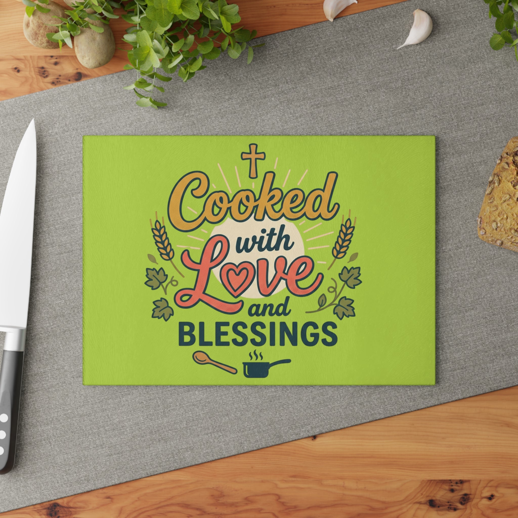 Cooked with Love Red Glass Cutting Board | Religious Kitchen Décor
