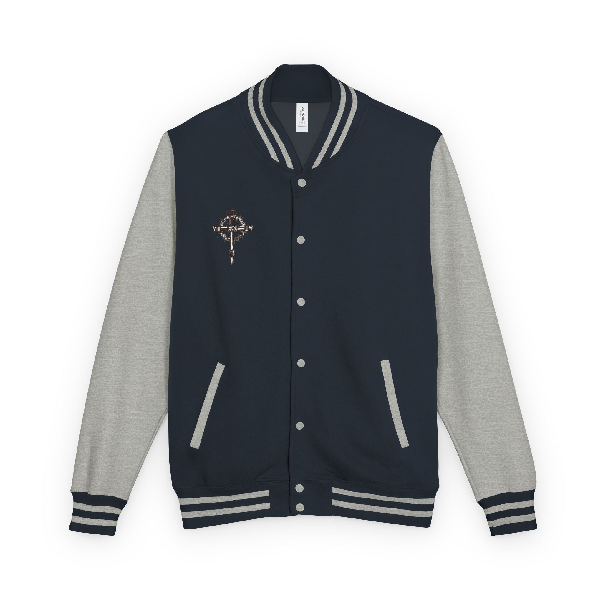 Gothic Cross Nail Emblem Letterman Jacket | Red White Varsity