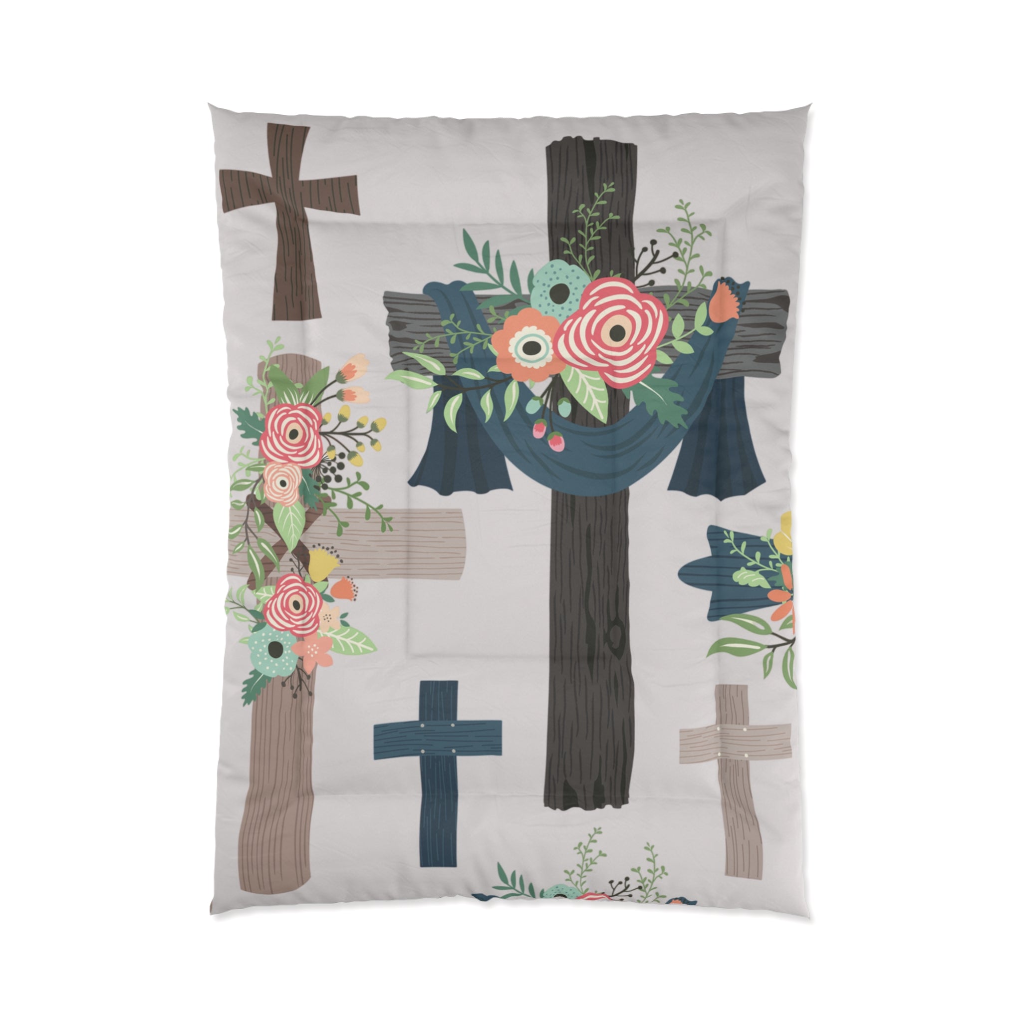 Floral Cross Comforter – Christian Bedroom Duvet with Pink Rose Wreaths