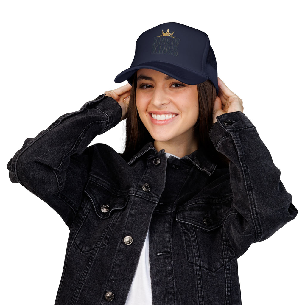 King of Kings Trucker Hat – Foam Mesh Baseball Cap with Gold Crown Design