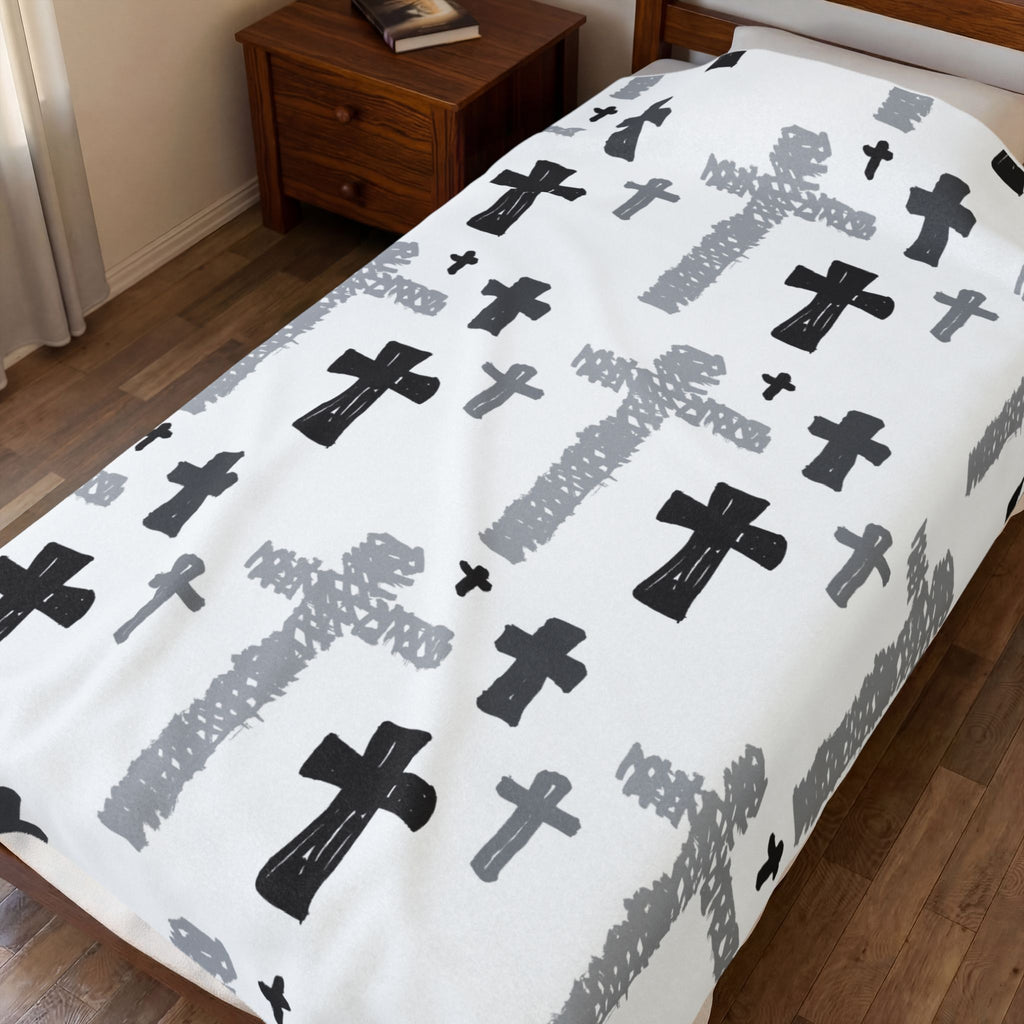 Hand-Drawn Cross Pattern Velveteen Blanket | Monochrome Religious Throw