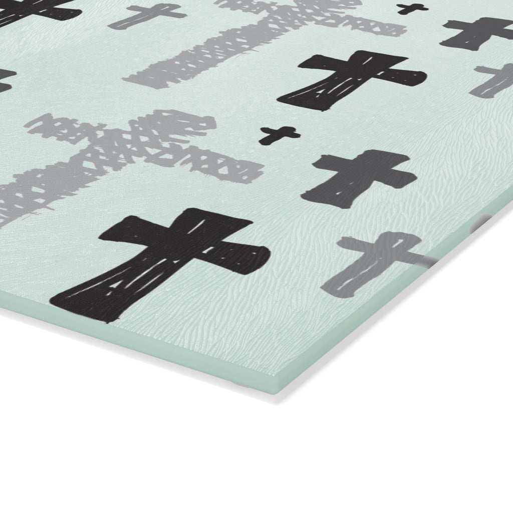 Handdrawn Cross Pattern Glass Cutting Board | Religious Kitchen Décor