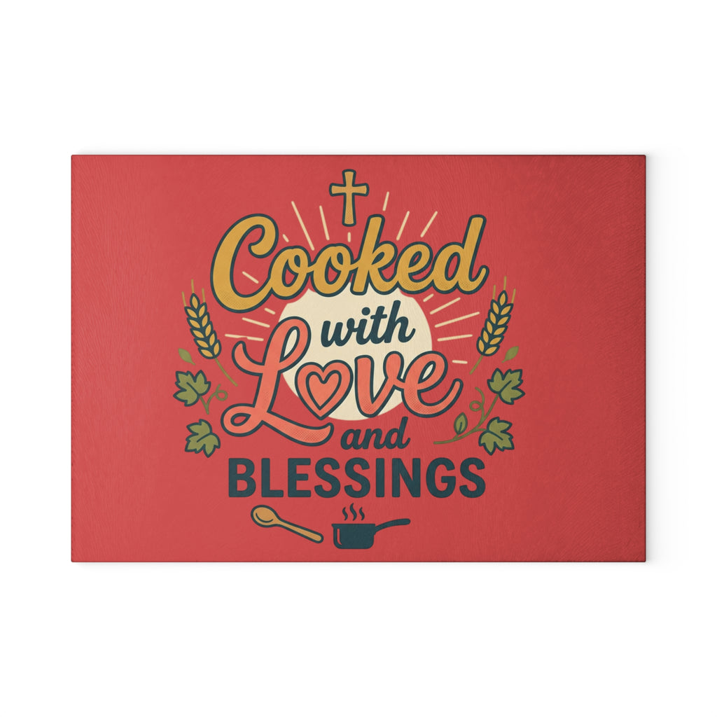Cooked with Love Glass Cutting Board | Religious Kitchen Décor red