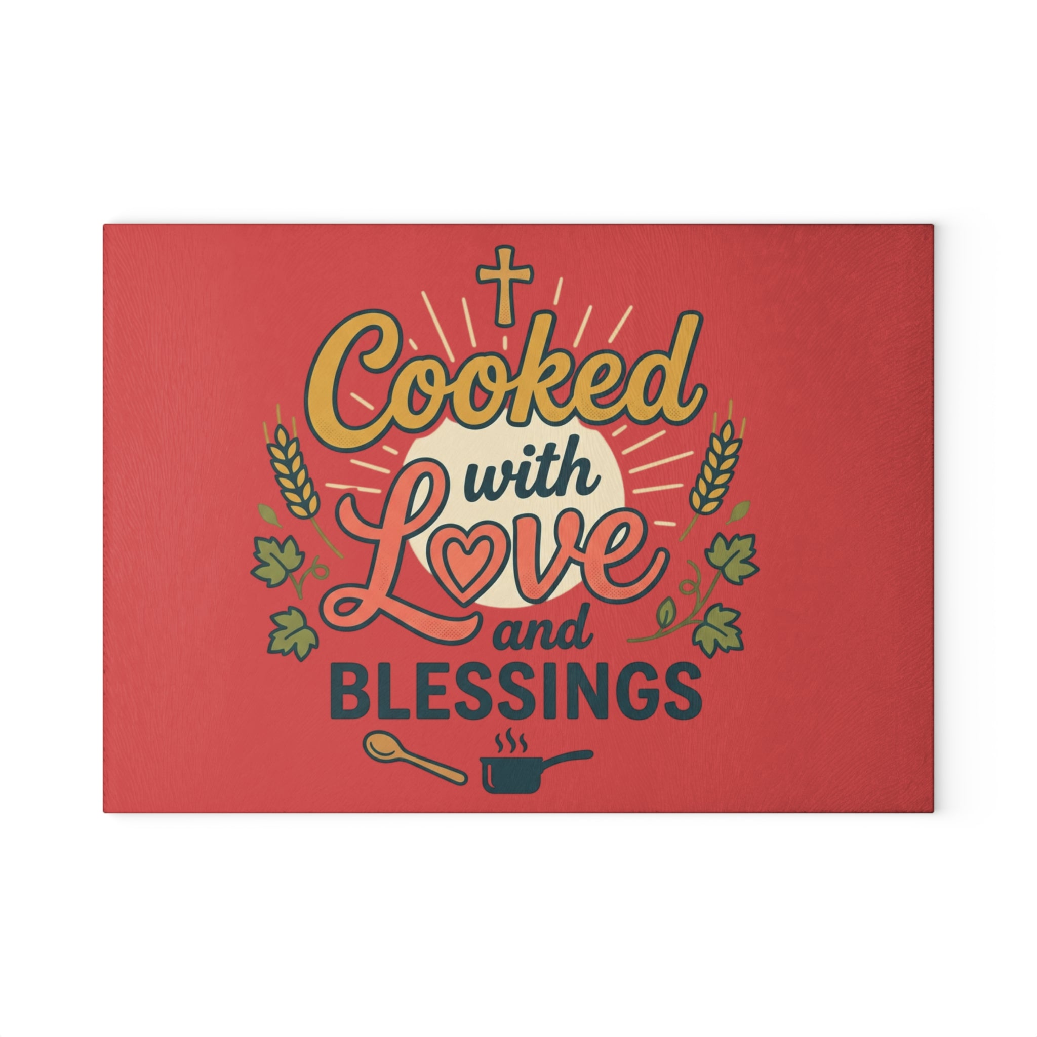Cooked with Love Glass Cutting Board | Religious Kitchen Décor red