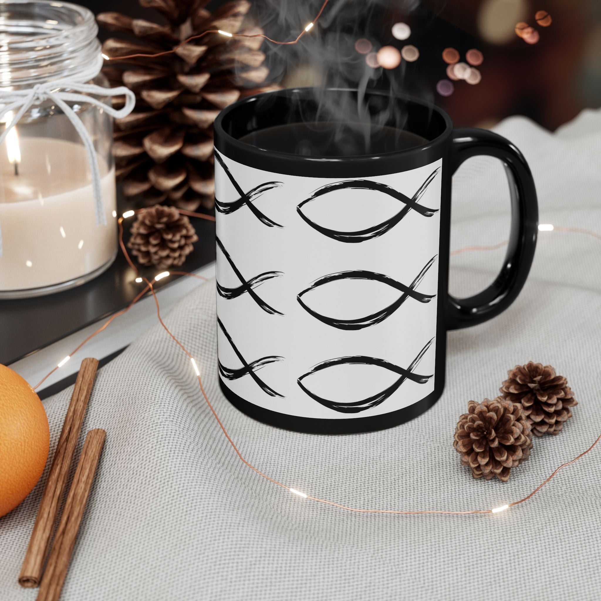 Christian Fish Pattern Mug | Black Ceramic Coffee Mug