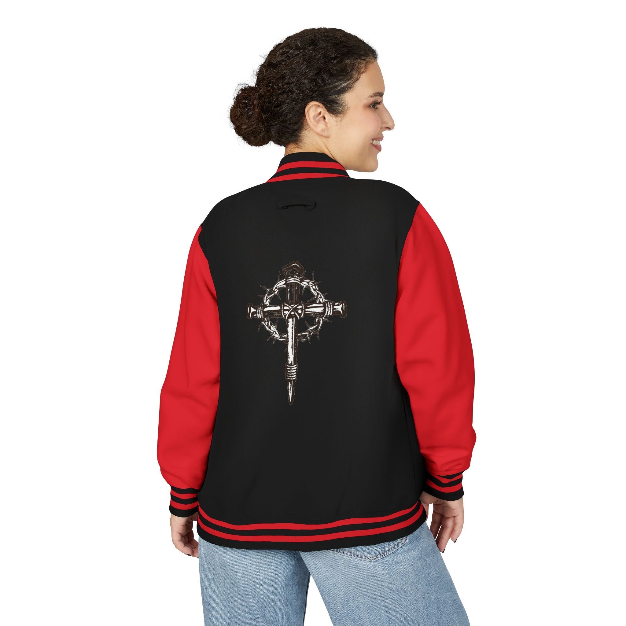 Gothic Cross Nail Emblem Letterman Jacket | Red White Varsity