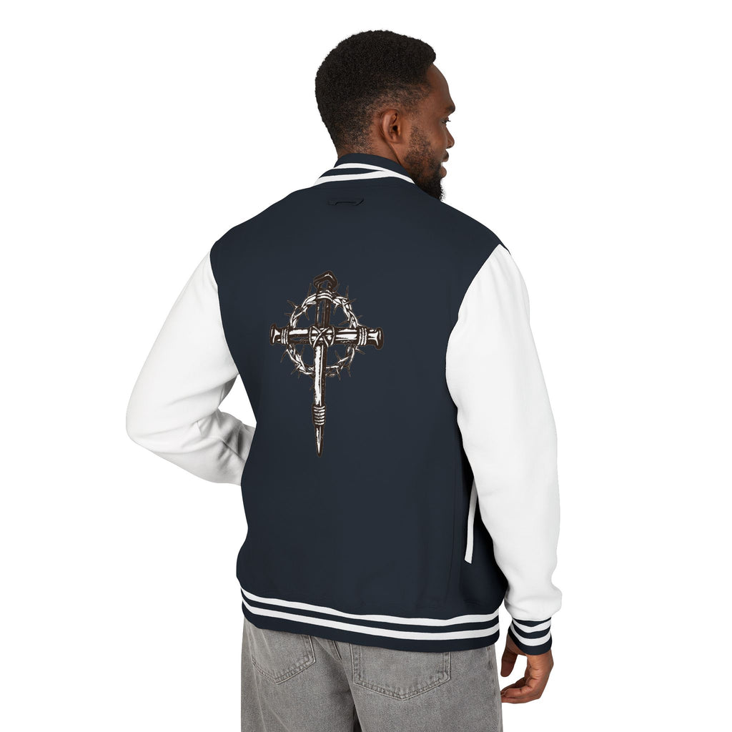 Gothic Cross Nail Emblem Letterman Jacket | Red White Varsity
