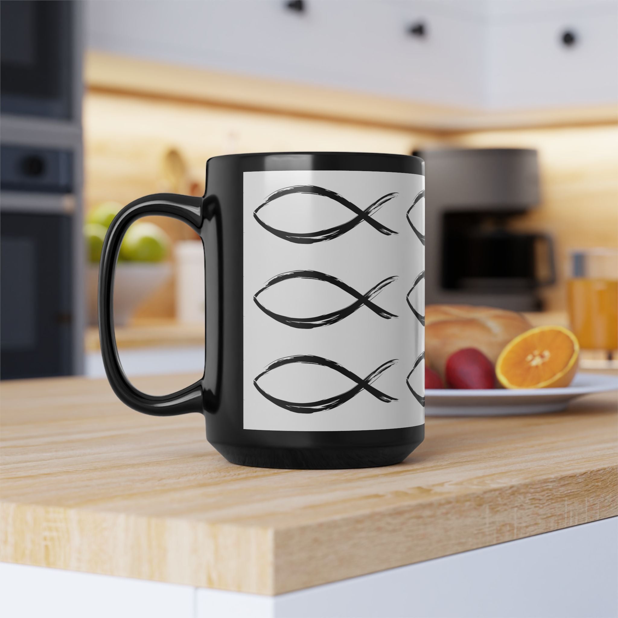 Christian Fish Pattern Mug | Black Ceramic Coffee Mug