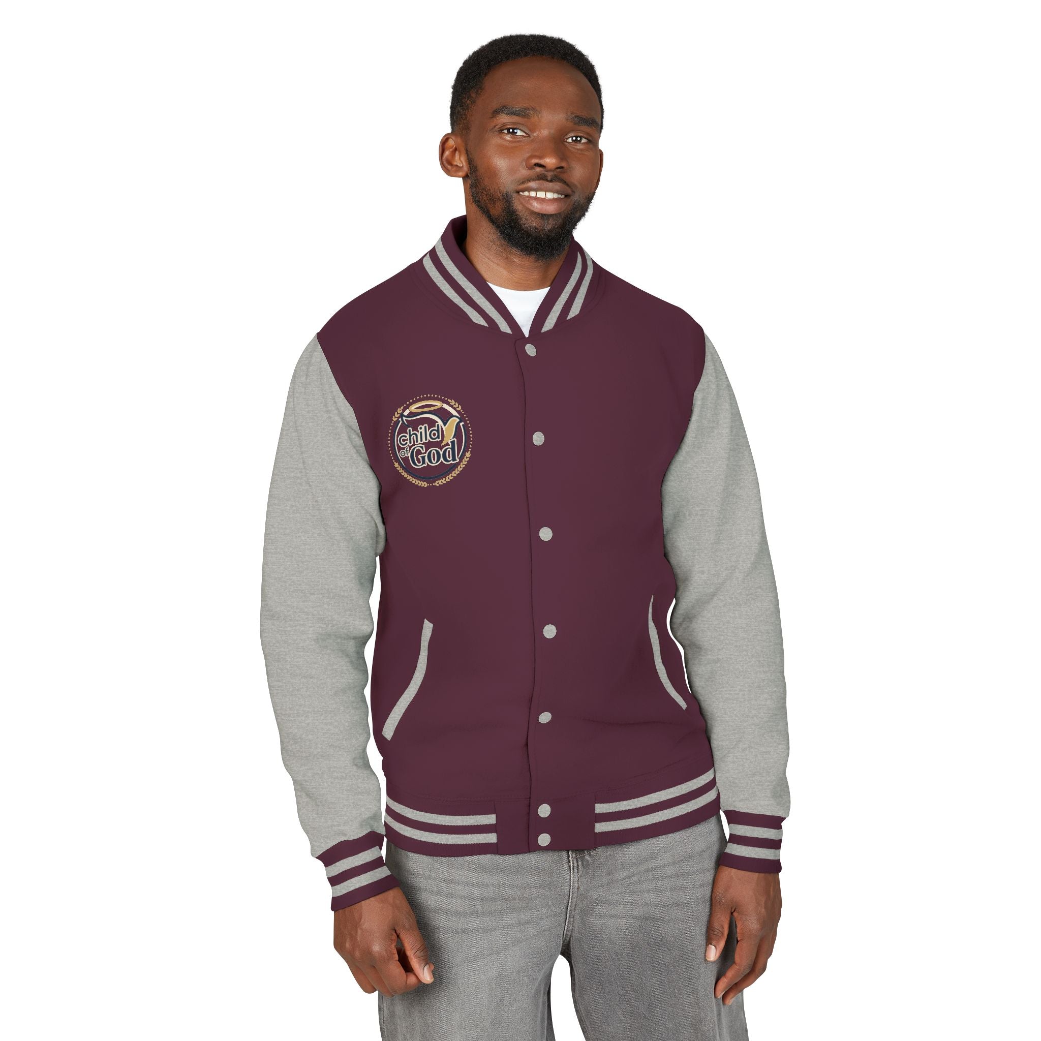 Child of God Emblem Letterman Jacket | Red White Varsity