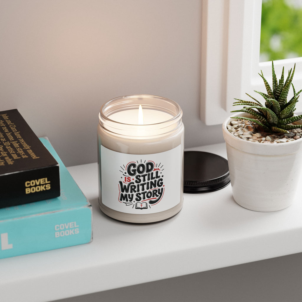 God Is Still Writing My Story Candle | Christian encouragement, pastel groovy scripture