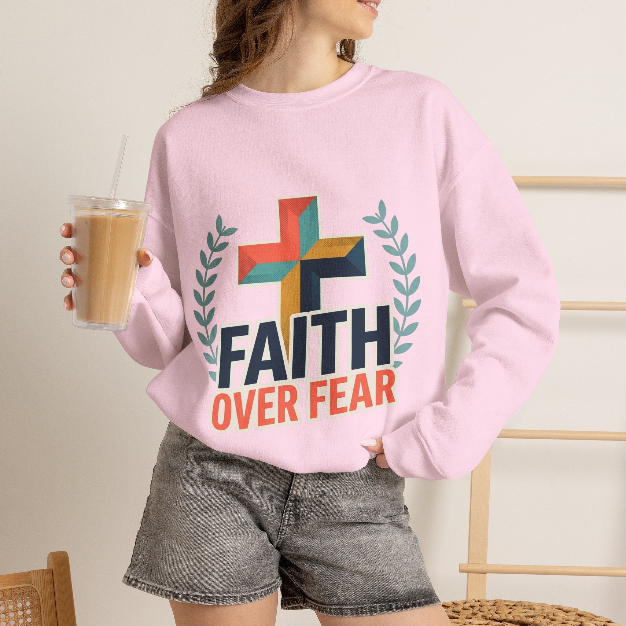 Faith Over Fear Crewneck Sweatshirt — Christian Cross Inspirational Pullover