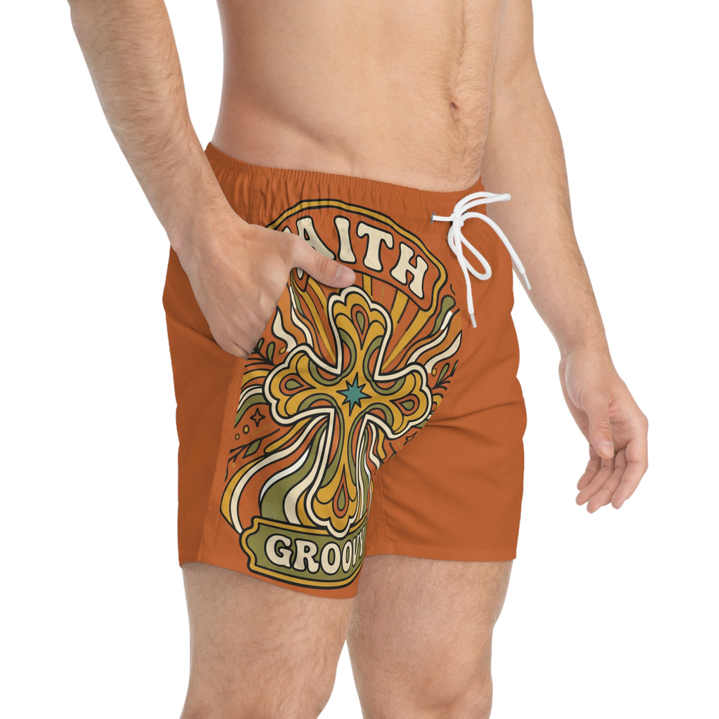 Groovy Faith Swim Trunks orange — Retro Orange Cross Beach Shorts