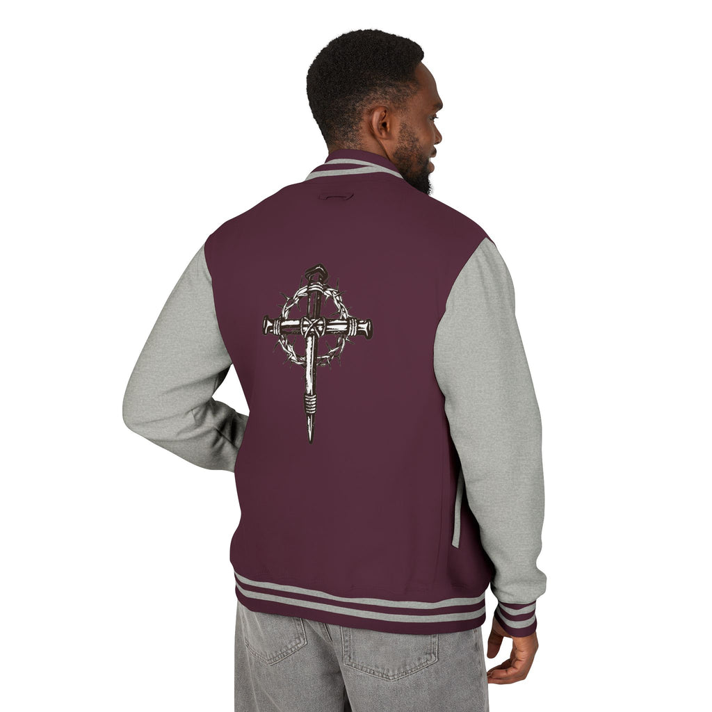 Gothic Cross Nail Emblem Letterman Jacket | Red White Varsity