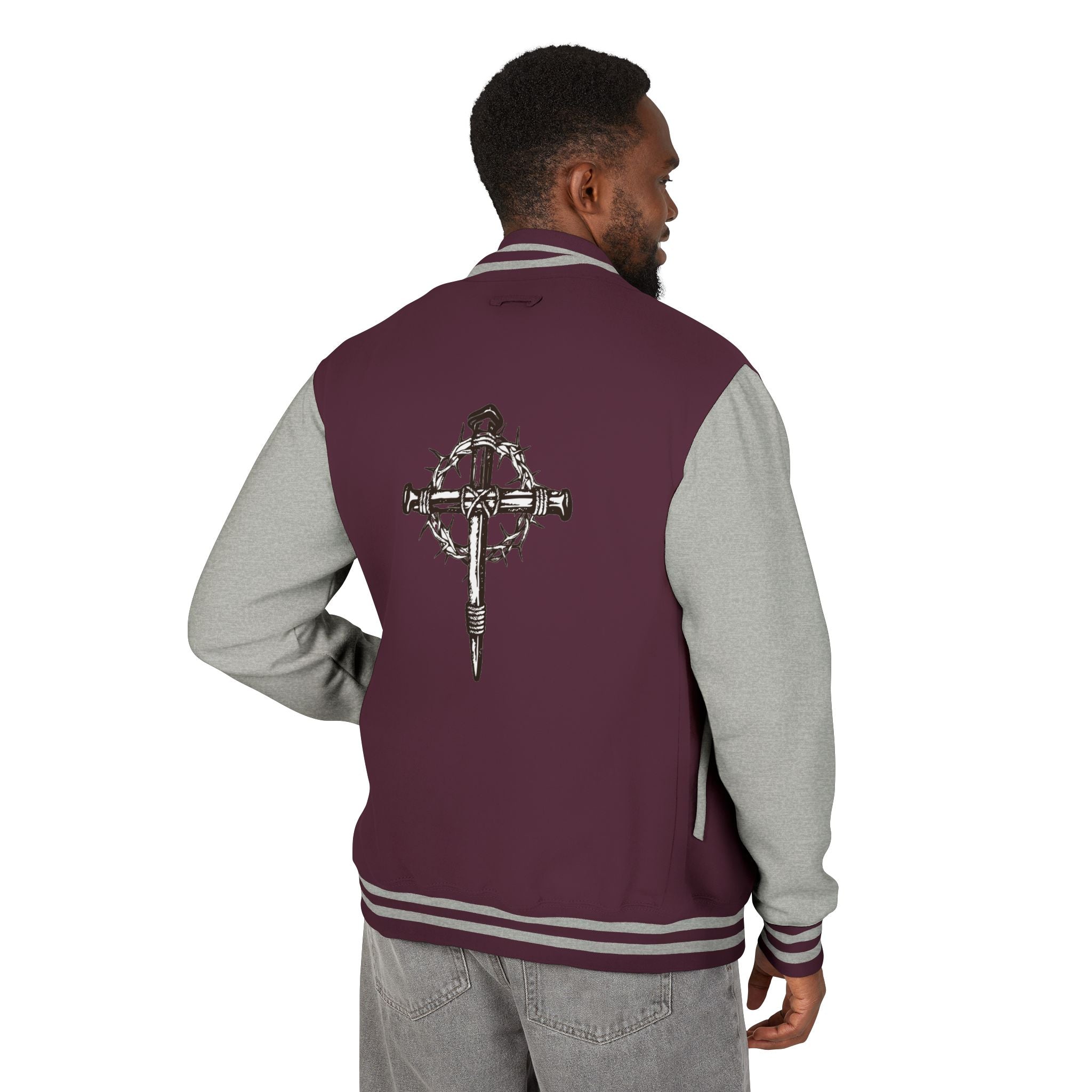 Gothic Cross Nail Emblem Letterman Jacket | Red White Varsity