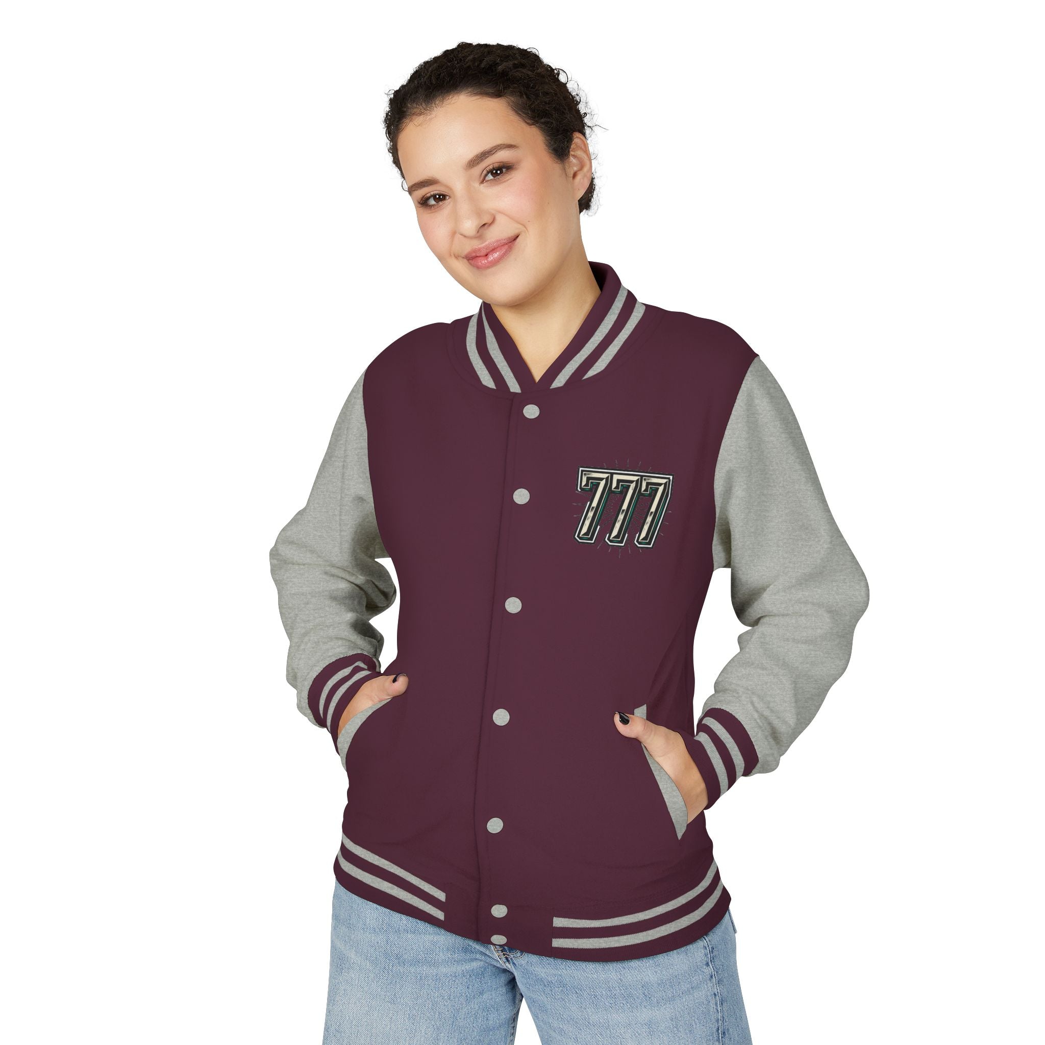 777 Emblem Letterman Jacket | Red White Varsity