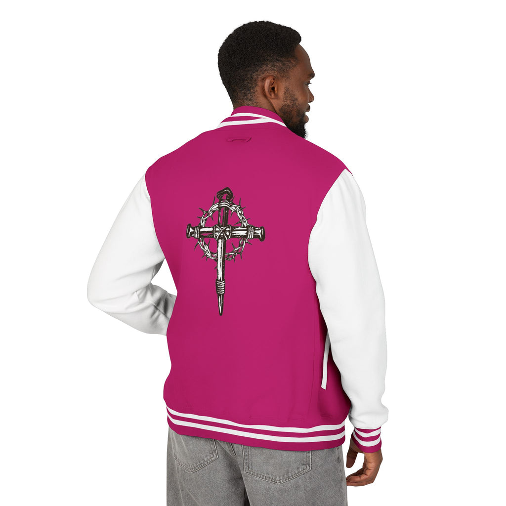 Gothic Cross Nail Emblem Letterman Jacket | Red White Varsity