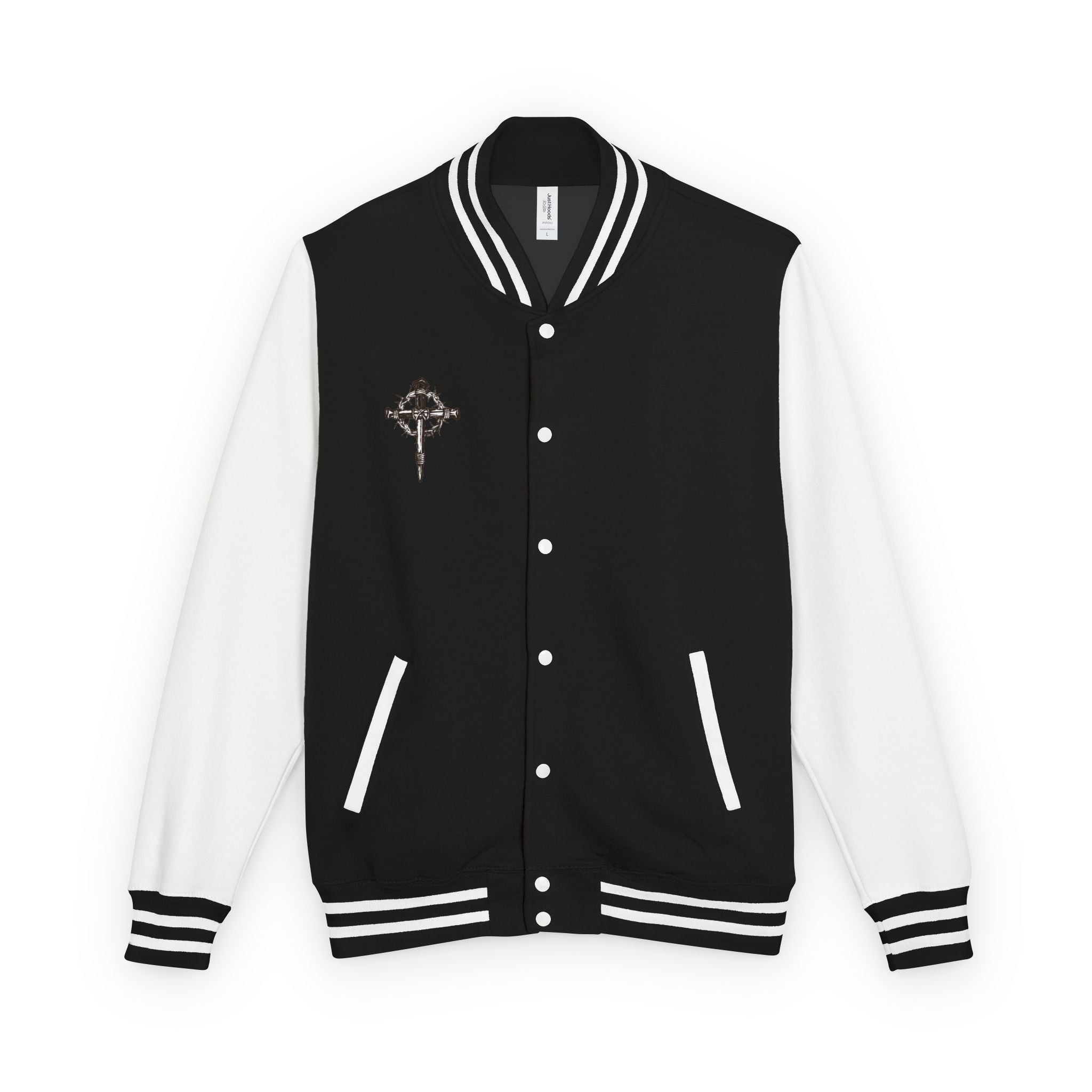 Gothic Cross Nail Emblem Letterman Jacket | Red White Varsity
