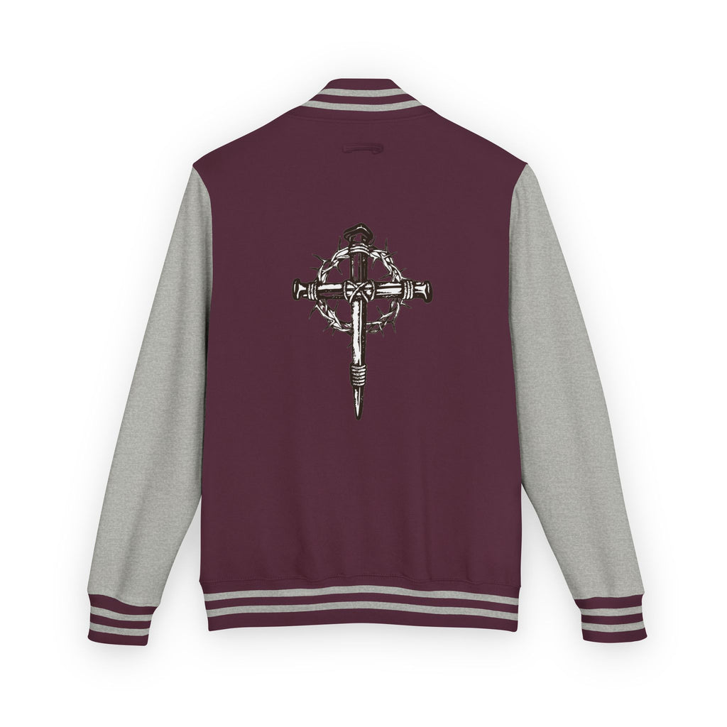 Gothic Cross Nail Emblem Letterman Jacket | Red White Varsity
