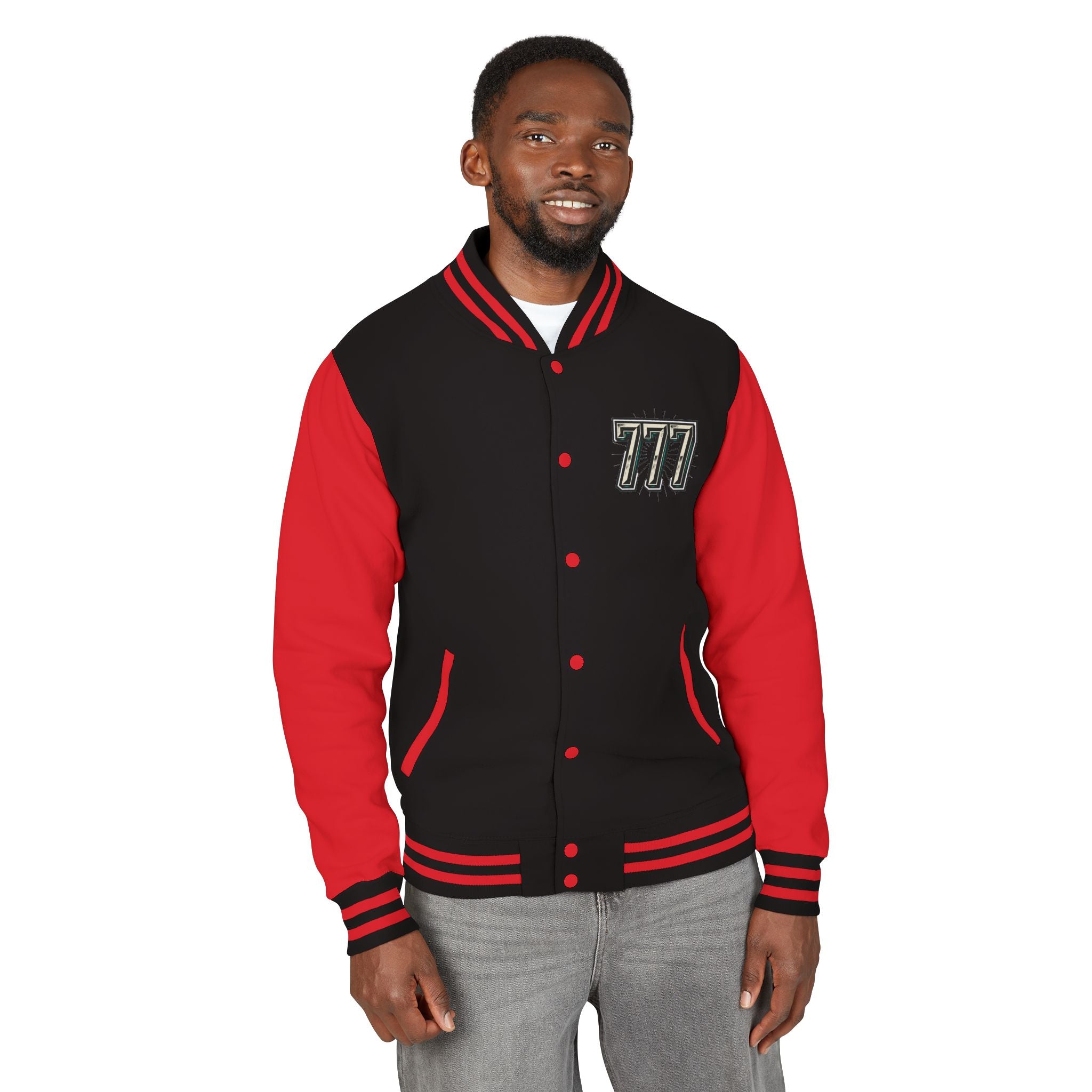 777 Emblem Letterman Jacket | Red White Varsity