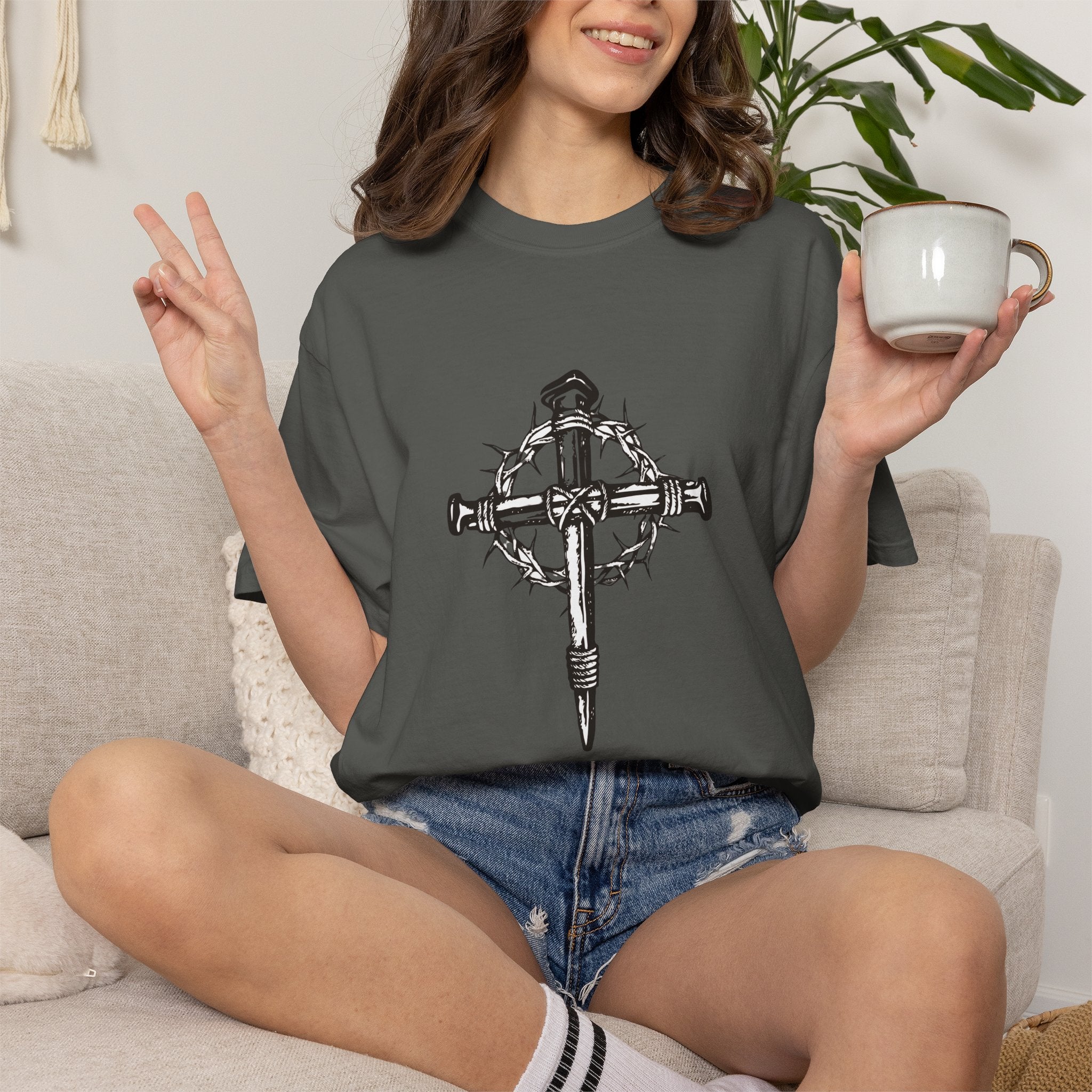 Nail Cross with Crown of Thorns T-shirt | Religious Gothic Faith Design