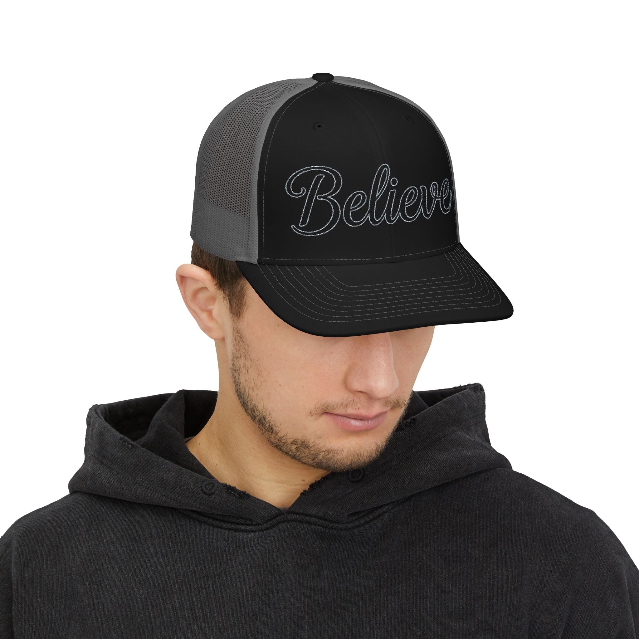 Believe Embroidered Trucker Cap — Inspirational Snapback Hat
