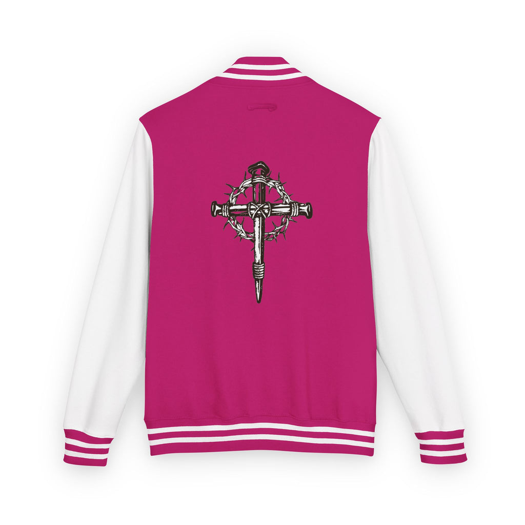 Gothic Cross Nail Emblem Letterman Jacket | Red White Varsity