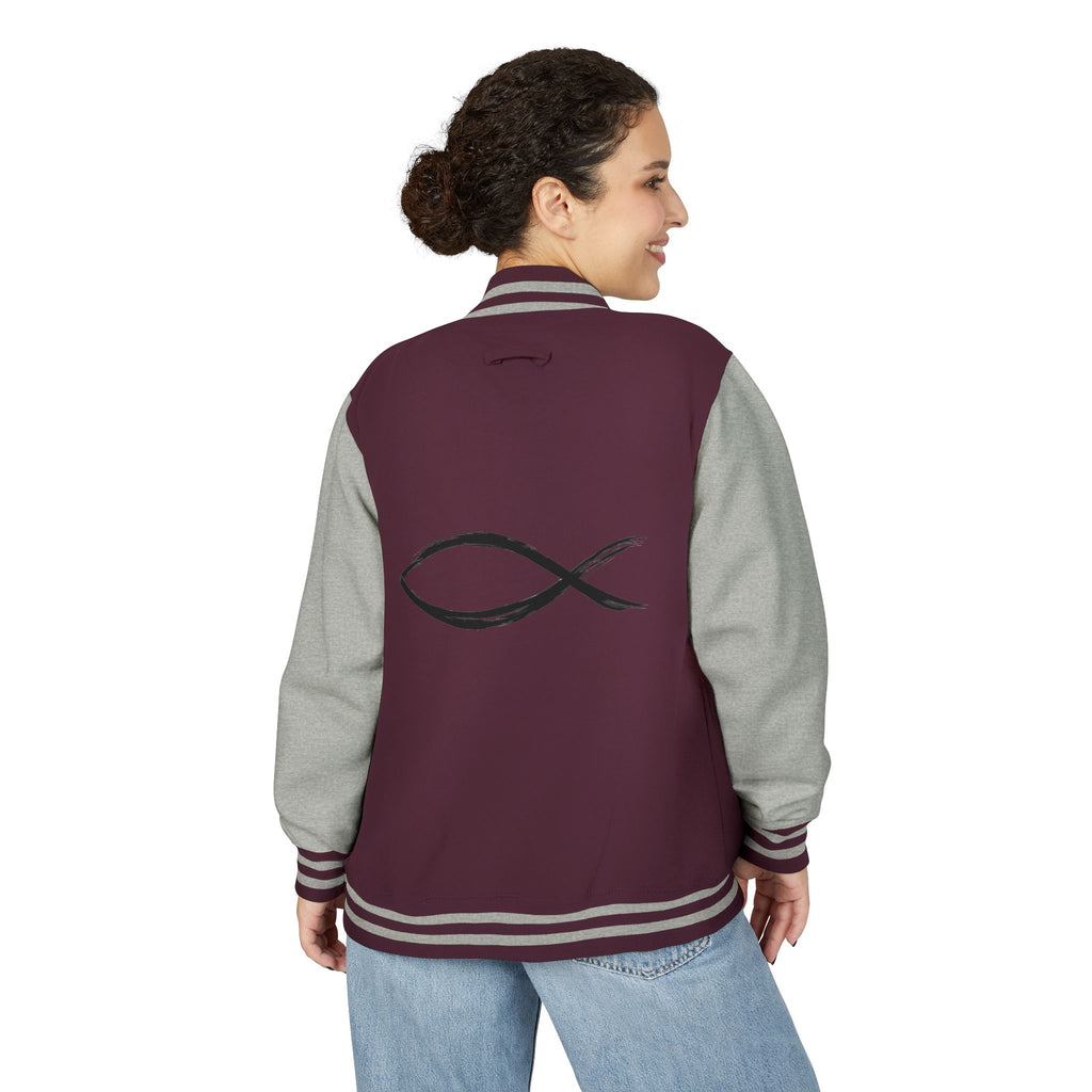 Christian Fish Symbol Emblem Letterman Jacket | Red White Varsity