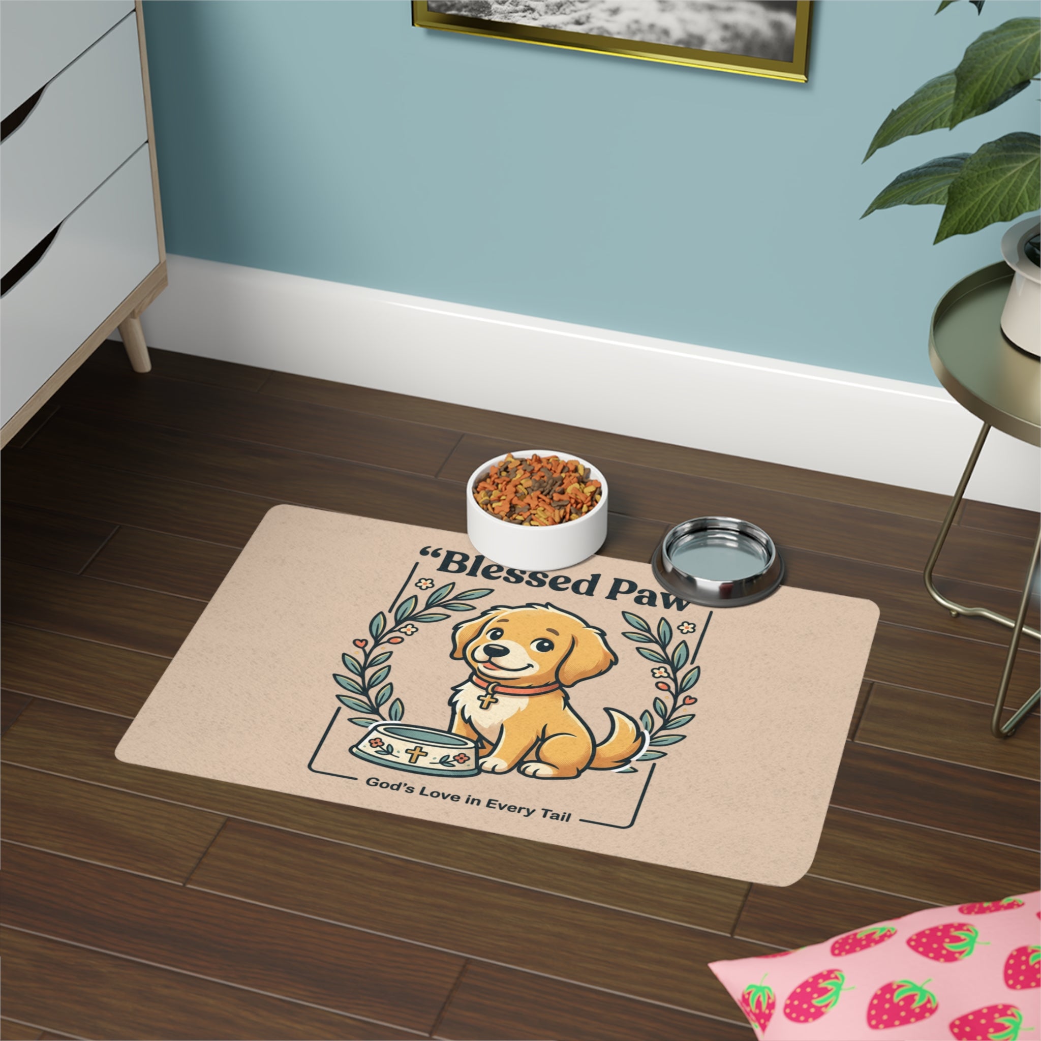 Blessed Paw Pet Mat — "God’s Love in Every Tail" Dog Feeding Placemat (12x18)