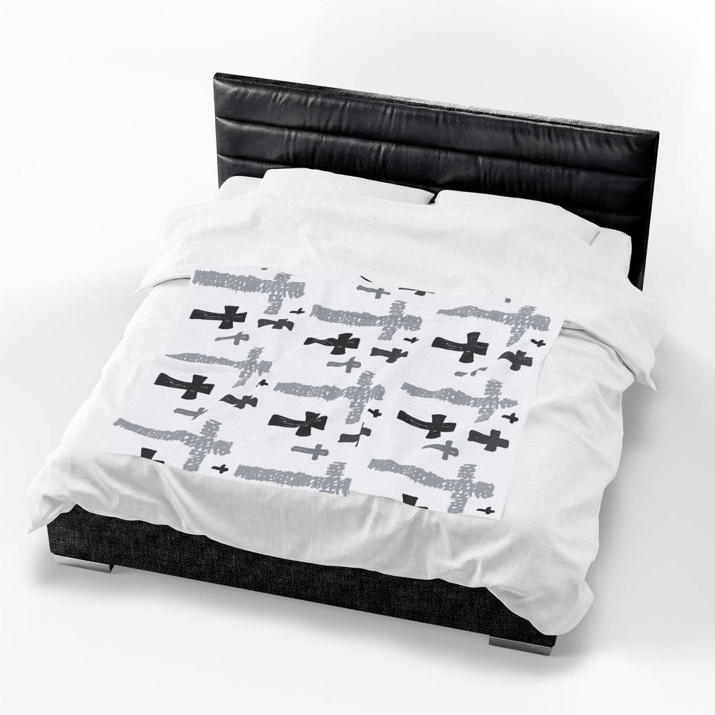 Hand-Drawn Cross Pattern Velveteen Blanket | Monochrome Religious Throw