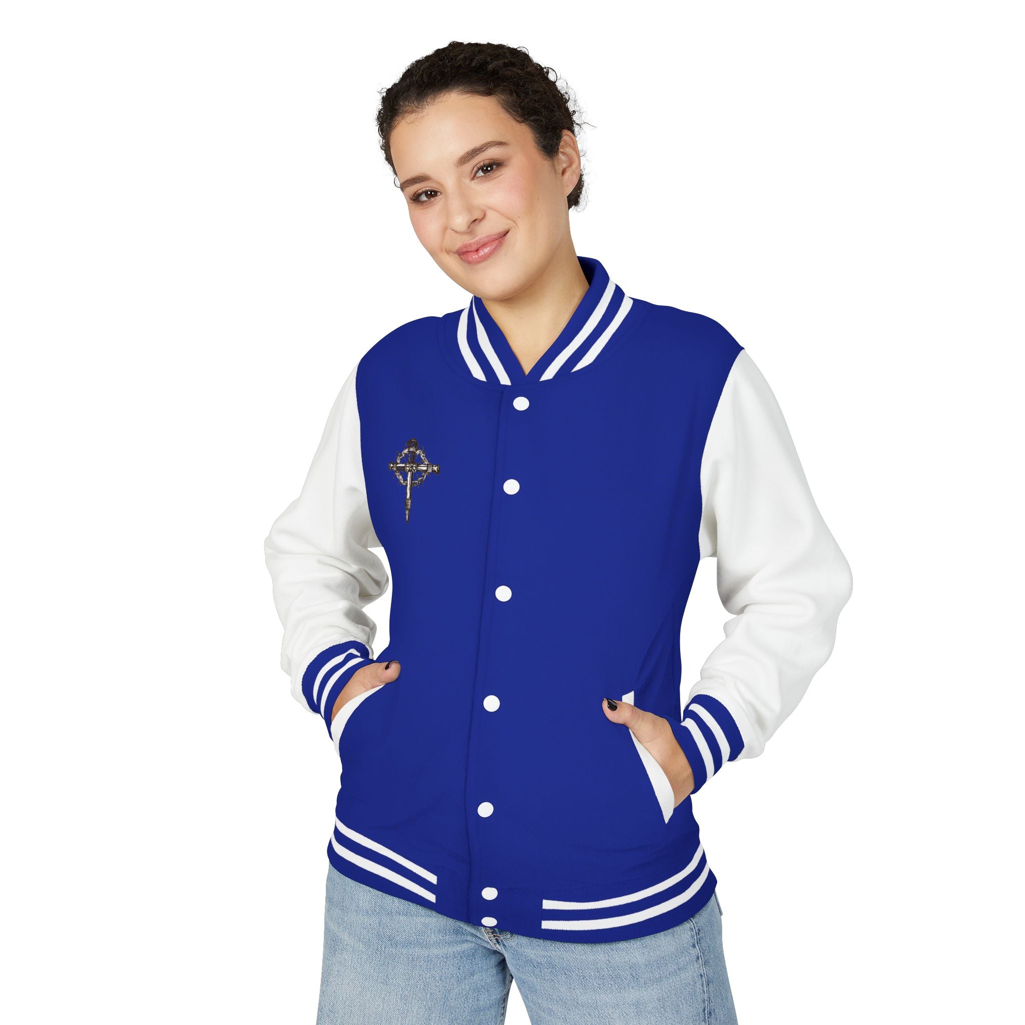 Gothic Cross Nail Emblem Letterman Jacket | Red White Varsity
